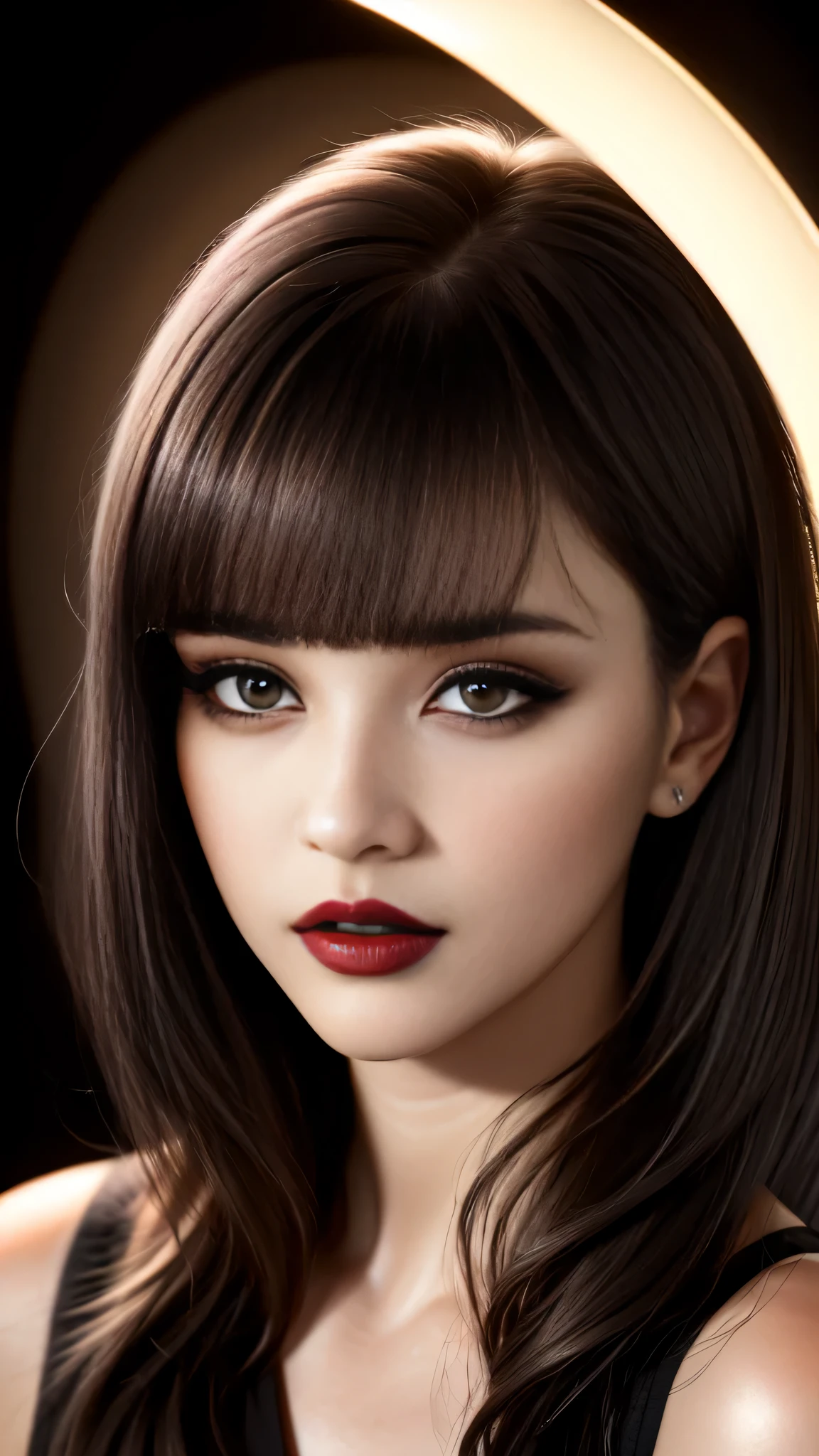 Ultra-realistic movie master pie with ultra-detailed primetime portraits, high quality, 8K, table top, Ultra HD), 1 girl 25 years old、fashion supermodel, ((light dark short (((side swept bangs))), extremely detailed))、masterpiece, high quality, high quality, High resolution、(close up of face), black_mascara put in Long eyelashes:1.5, dark (eyesshadows:1.25), (Glossy) red_lips:1.44, ((brown_eyes)), ((iridescent eyes)), vibrant eyes:1.2, contrast, (dark shot:1.2)
