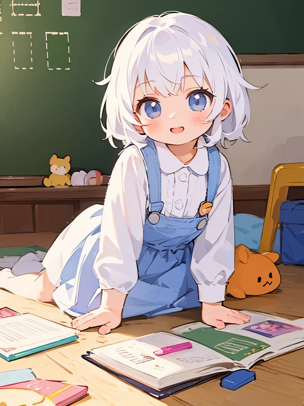 (highres,photorealistic)Albino girl with a big smile, her white hair cascading down her back and delicate white eyelashes framing her beautiful detailed eyes. She is wearing a kindergarden uniform adorned with colorful crayons, and her arms are filled with an array of plushies. In the background, there is a messy classroom with scattered papers and toys, creating a charming and lovely atmosphere. The colors are vivid and vibrant, adding a touch of playfulness to the scene. The lighting accentuates the girl's innocence, casting gentle shadows on her face. The overall image is a masterpiece, capturing the cuteness and joy of childhood.