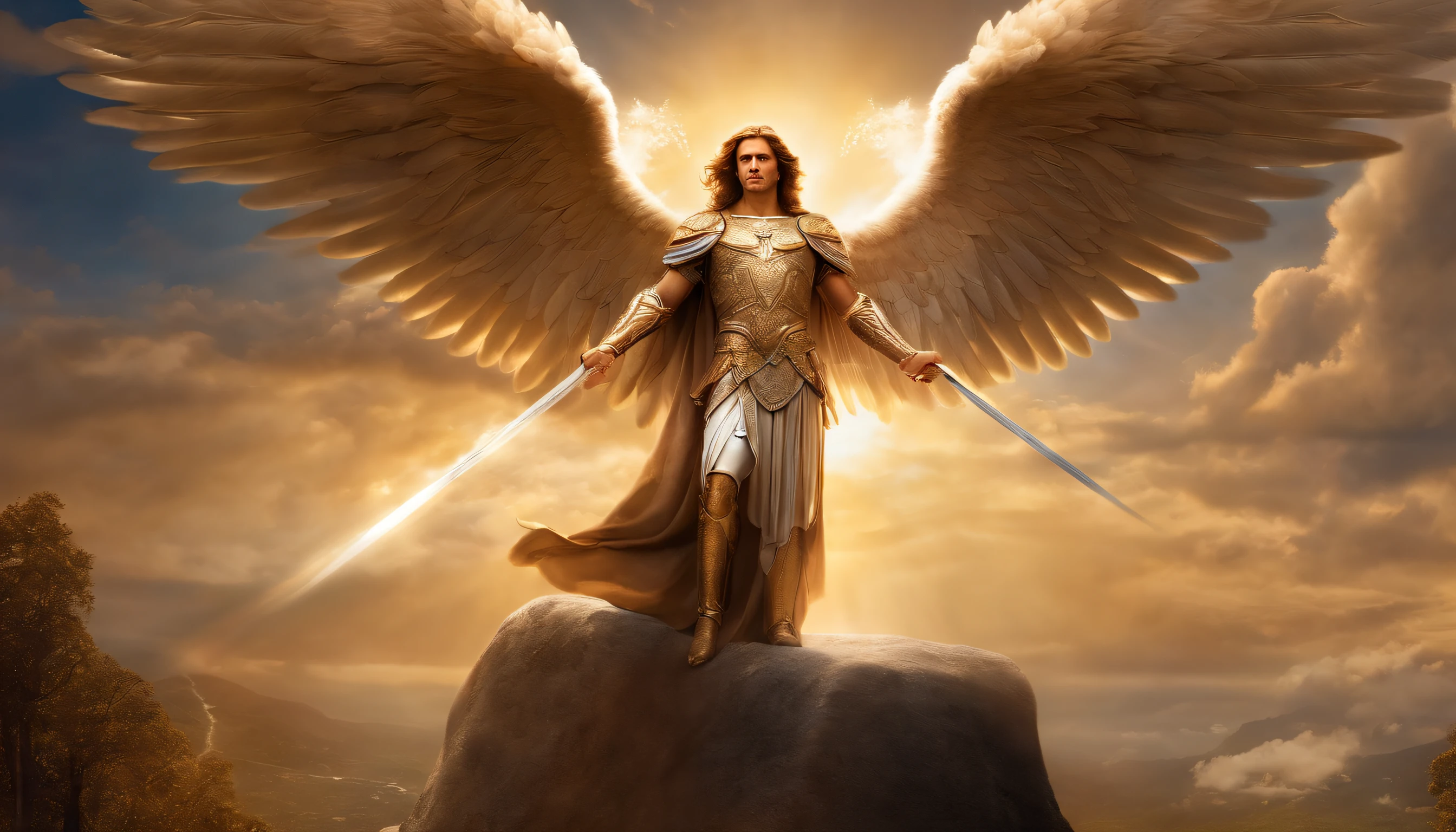personagem masculino, O arcanjo Miguel, Imagem celeste, detalhes intrincados, realista, DIAMANTE e asas grandes, Angelic background, illustrative catholic image of O arcanjo Miguel, personagem masculino from the Bible, Michael is wearing his angelic armor, cosmic background, Illumination in the Archangel and in the background, imagem do corpo inteiro do anjo, Maximum detail and her angelic face and wings, perfect and realista skin, Maximum image quality, Miguel se destaca na imagem com cores fortes e atraentes.