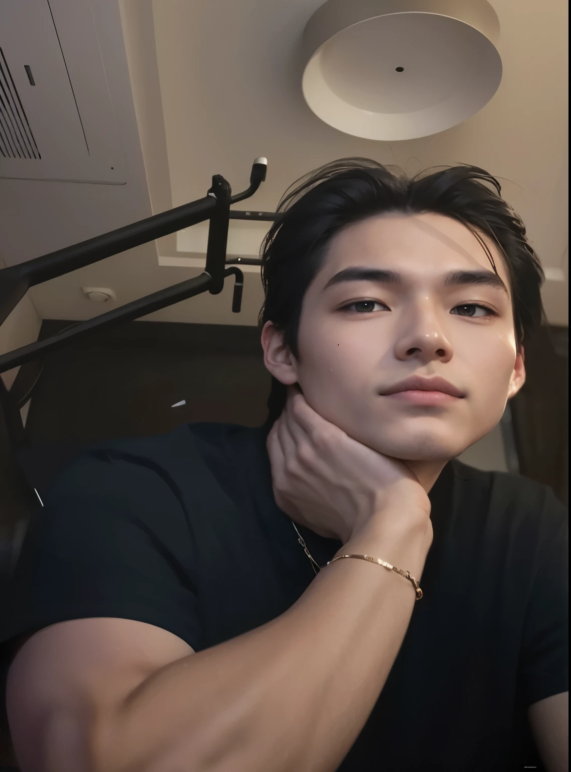 there is a man sitting in a chair with his hand on his chin, androgynous face, xqc, lindo chad queixo, cute japanese demon boy, taken at the beginning of 2020, Hsiao-ron, imagem de perfil, Rick Dai, 1 Menino de 7 anos, rosto magro, half body head shot, handsome androgynous prince
