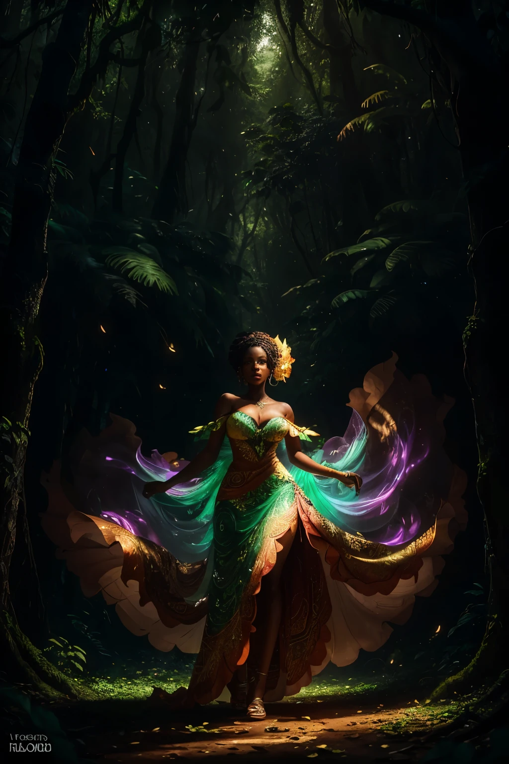 In the heart of the African forest, an enchanting scene unfolds as a beautiful woman, dressed in a captivating attire made entirely of vibrant neon leaves, stands strong against the winds of change. The wide angle shot, rendered in stunning 32k ultra HD resolution, intricately depicts every detail of her flowy dress as it dances with the heavy wind, leaves billowing around her.

As night falls upon the forest, the leaves begin to emit a soft, ethereal neon glow, casting an otherworldly light upon the scene. The artistic style of this masterpiece is reminiscent of the renowned artist, Artgerm. Unreal Engine's hyper-