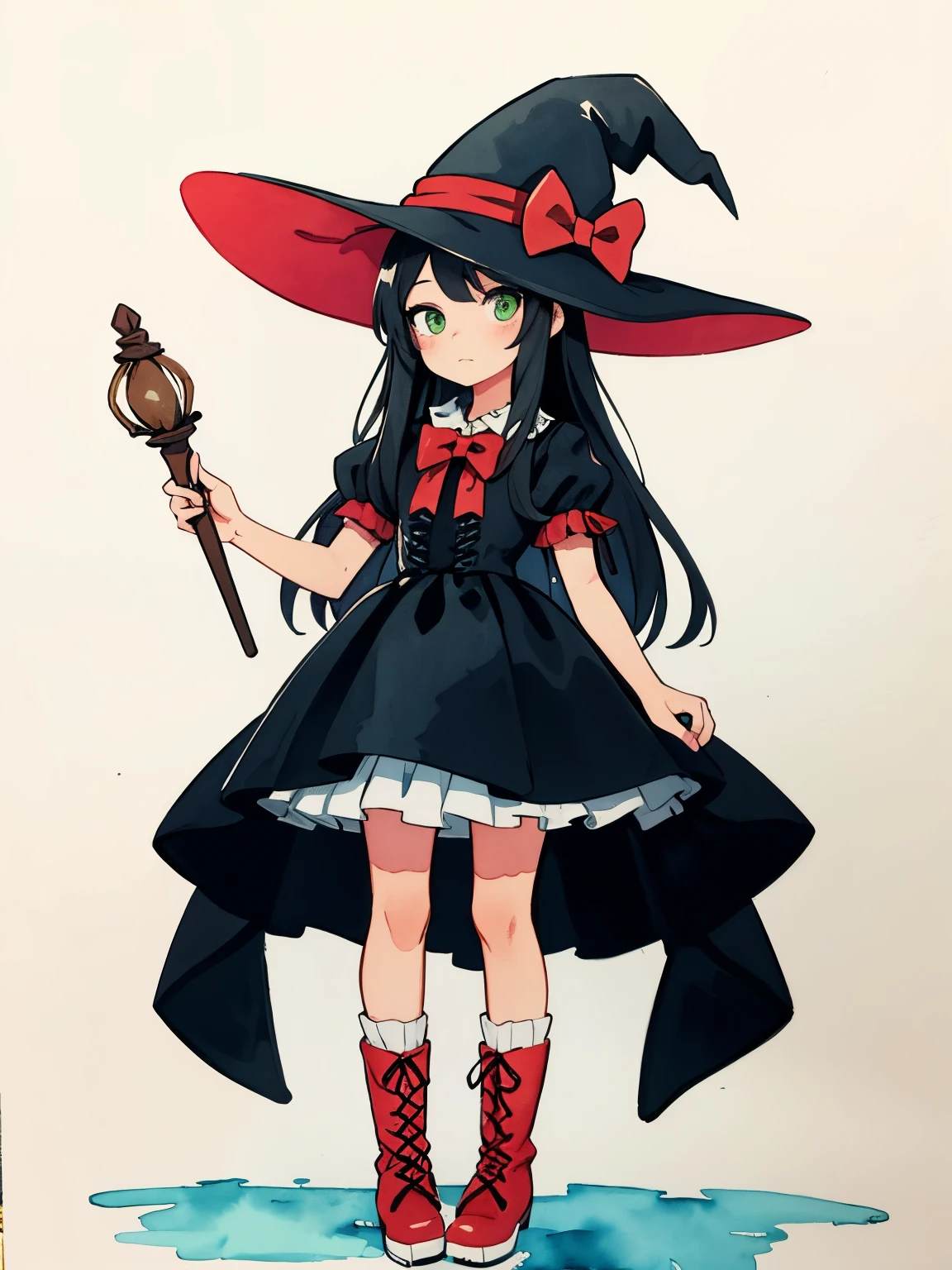 best quality,masterpiece,traditional media, marker_\(medium\),painting_\(medium\),watercolor_\(medium\),simple_background,1girl,witch,solo, full body,long hair, black hair, horns, witch hat, green eyes,puffy sleeves,white_bow,dress,red_footwear,bow, short sleeves,boots,
