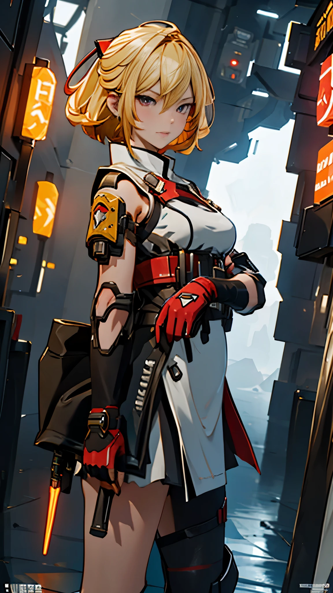 The alone young girl , short light blond hair , red eyes , standing , shotgun , sci-fi city , High detail mature face, combat suit, white glove, black boot, high res, ultra sharp, She stands confidently in the center of the poster，Fighting a enemy like mechanic cyborg，a determined expression on her face。The background is dark and gritty，There is a sense of danger and a strong feeling。The text is bold and eye-catching，With catchy slogans，Adds to the overall drama and excitement。The color palette is dominated by dark colors，Dotted with bright colors，Make the poster dynamic and visually striking，(Magazines:1.3), (Cover-style:1.3), Fashion, vibrant, Outfit, posing on a, Front, rich colorful，Background with，element in，self-assured，Expressing the，halter，statement，Attachment，A majestic，coil，Runt，Touching pubic area，Scenes，text，Cover of a，boldness，attention-grabbing，titles，Fashion，typeface，，Best quality at best，Hyper-detailing，8K ，hyper HD