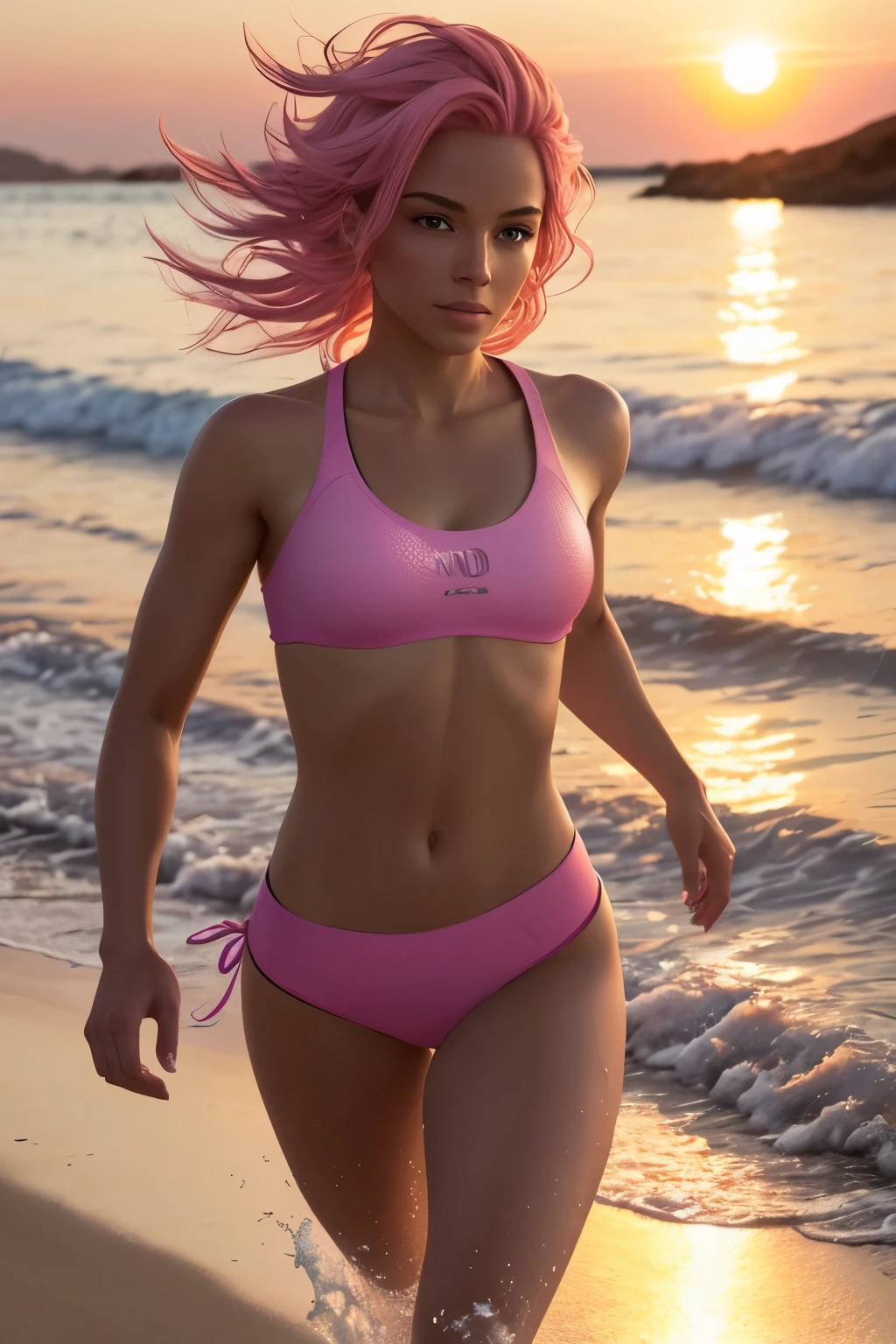 Nudel, a beautiful woman with pink hair, runs across the beach at sunset, her cyber clothing enhancing her fluid movements. Each strand of her pink hair catches the light, adding a vibrant contrast to the setting sun. This 3d render is a masterpiece, captured with exceptional detail and rich colors. The image boasts of perfectly proportional dimensions and photorealistic quality, making it a stunning piece of art. The sunset backdrop, with its warm hues and cold reflections on the water, adds to the surreal ambiance. The detailed facial features and finely textured skin of the woman are visible even from a distance, making this high-definition image a must-have for