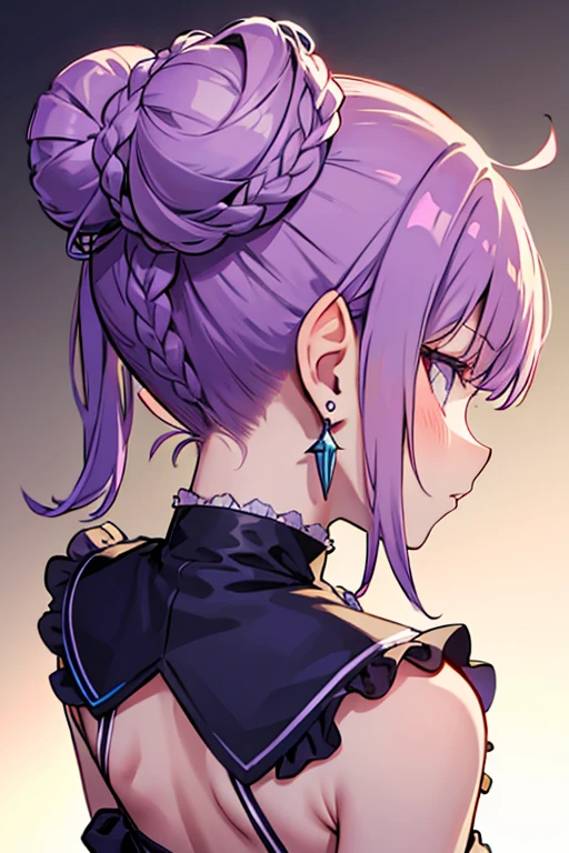  pointy ears, earrings, jewelry, hair bun, 1girl, double bun, braid, multiple views, purple hair, drill hair, from behind