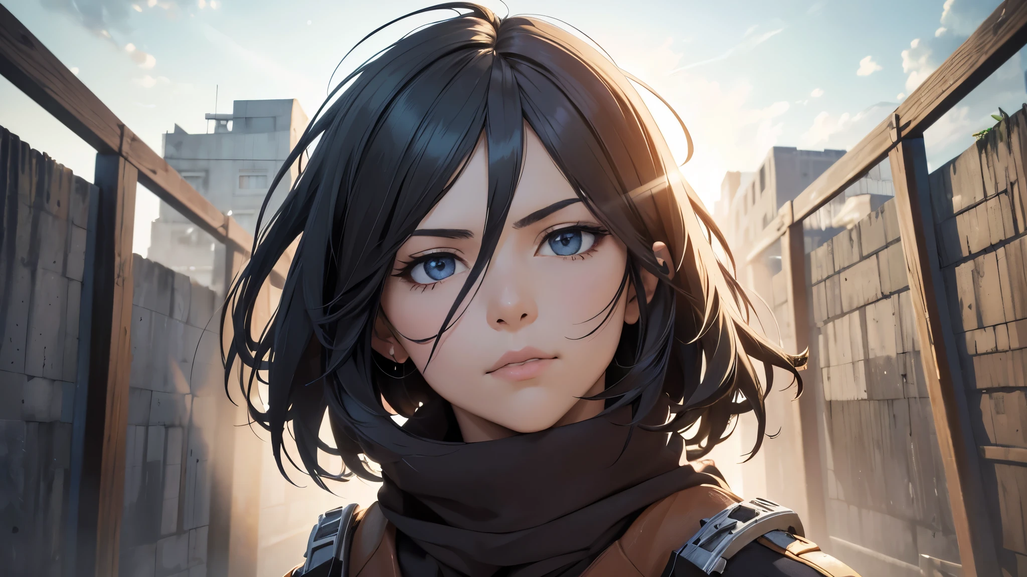 (best quality,4k,8k,highres,masterpiece:1.2),ultra-detailed,(realistic,photorealistic,photo-realistic:1.37),HDR,UHD,studio lighting,ultra-fine painting,sharp focus,physically-based rendering,extreme detail description,professional,vivid colors,bokeh,portraits Mikasa Ackerman from the anime "Attack on Titan", climbing a sheer wall with her equipment (a massive 30-meter wall). She is of a seductive appearance, with a slender figure, long legs, and a large bust. Her eyes are fiery and captivating. The artwork is of the highest quality, with a resolution of 4k, 8k, or even higher. The level of detail is astonishing, making the image look extremely realistic and photorealistic. The lighting is carefully crafted to enhance the overall look and feel of the artwork. Mikasa's character is portrayed in a way that truly captures her essence. The colors are vibrant and lively, creating a visually stunning piece of art. The focus is razor-sharp, with every tiny detail beautifully rendered. The painting technique used is akin to ultra-fine painting, showcasing the artist's mastery. The artwork is created using physically-based rendering techniques, ensuring the highest level of realism. Every little detail is described with extreme precision, bringing the image to life. The overall composition and framing of the artwork are done by a professional artist, resulting in a masterpiece worthy of admiration. The artwork has a sense of depth and three-dimensionality, creating a captivating sense of immersion. The style of the artwork is focused on capturing the essence of portraits, highlighting Mikasa's unique features and personality. The colors used in the artwork are carefully chosen to create a specific mood or atmosphere. The lighting in the artwork is meticulously crafted to enhance the overall look and feel of the scene.