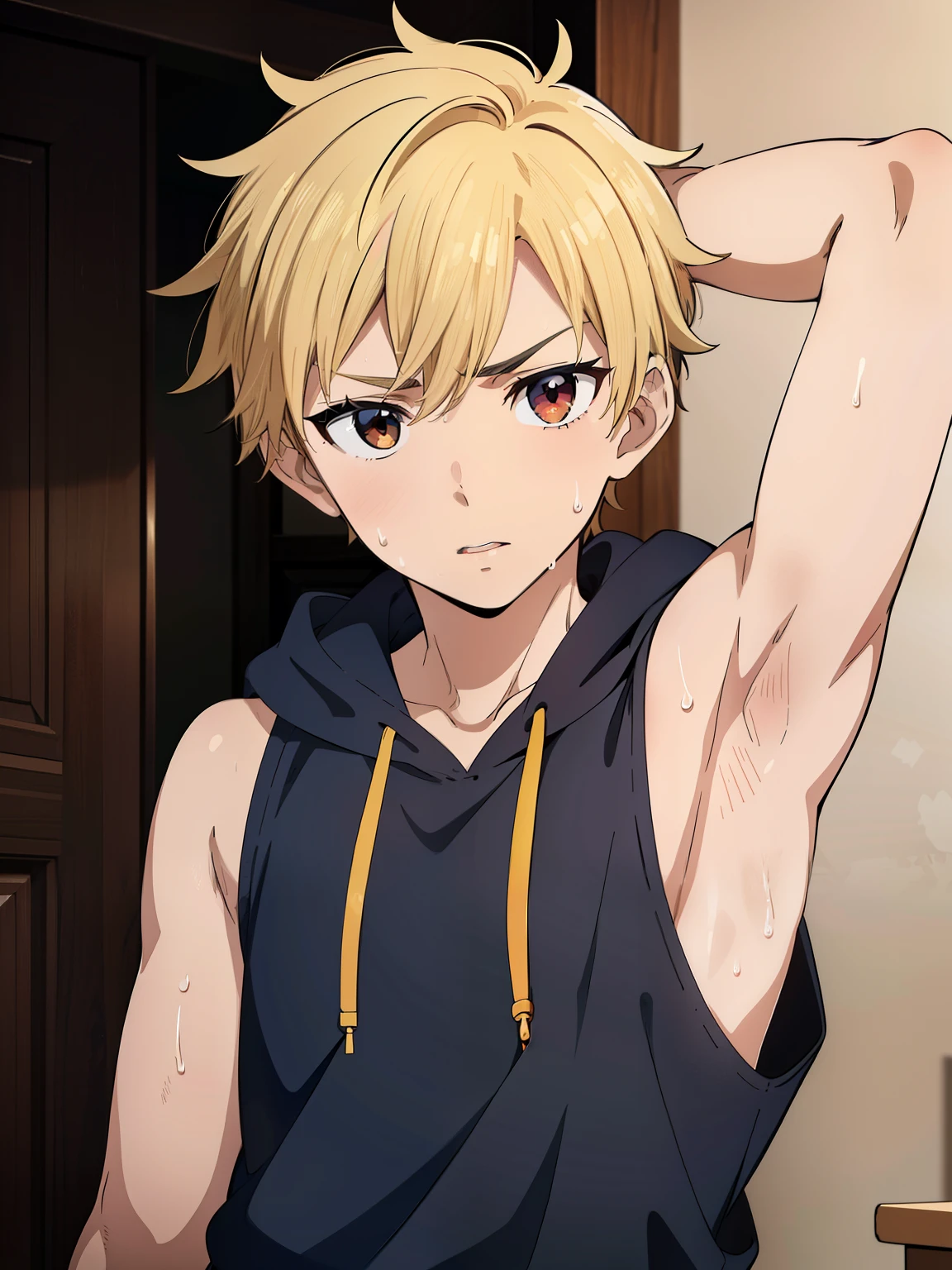 Highres, Masterpiece, Best quality at best,Best Quality,hight quality, hight detailed, 1boy, Shota, Sleeveless hoodie, Looks like a naughty , (young, 12-year-olboyShowiarmpit:1.3), hansome, Sweat