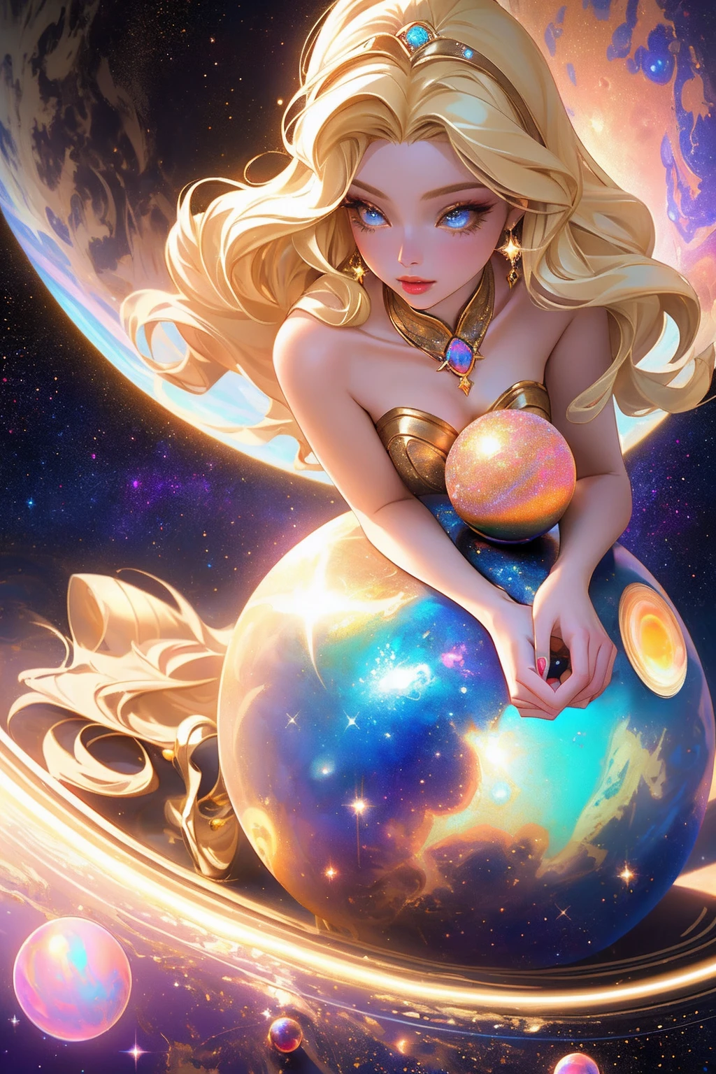 {-erro_de_anatomia:1.0} masterpiece, highest quality, (perfect face:1.1, (high detail)1.1, sweet stardust vampire , long blonde hair, opal eyes, perfectly drawn face, colorful space dress, planets detailed background, prismatic lighting, glitter, whole body. Very sexy, kneeling holding a venus planet in her hands