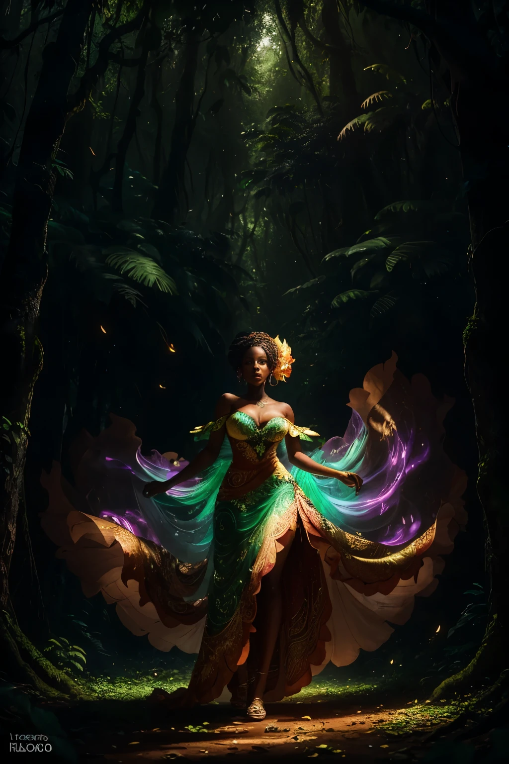 In the heart of the African forest, an enchanting scene unfolds as a beautiful woman, dressed in a captivating attire made entirely of vibrant neon leaves, stands strong against the winds of change. The wide angle shot, rendered in stunning 32k ultra HD resolution, intricately depicts every detail of her flowy dress as it dances with the heavy wind, leaves billowing around her.
As night falls upon the forest, the leaves begin to emit a soft, ethereal neon glow, casting an otherworldly light upon the scene. The artistic style of this masterpiece is reminiscent of the renowned artist, Artgerm. Unreal Engine's hyper-