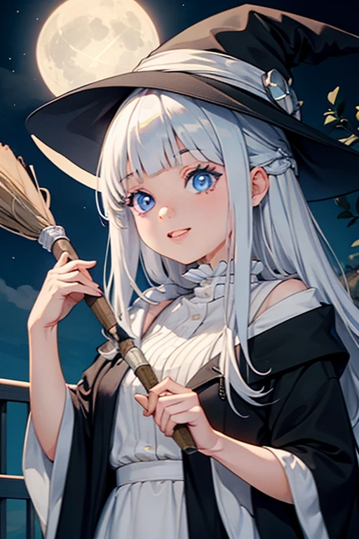 best quality, masterpiece, ultra high resolution, pretty face, girl, white blue hair, hair spread out, hair over shoulder, long hair, witch hat, light smile, evil smile, smug, anime, anime style, witch, owl, broom, flirty anime, casting magic, witch girl, pretty sorceress, a beautiful female witch, portrait of a young witch girl, beautiful wizard, splash ink art anime loli, a witch, portrait of a witch, night, castle, balcony, starry sky, nsfw
