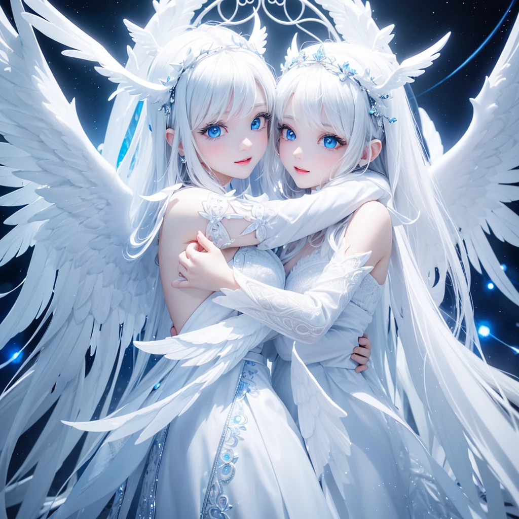 (extremely cute，White beauty with white glow and wings，Glowing blue eyes，3D，Coquettish hug)，best quality，Extremely intricate details，masterpiece，(all white，3D complex decorative background，Full clear depth of field)