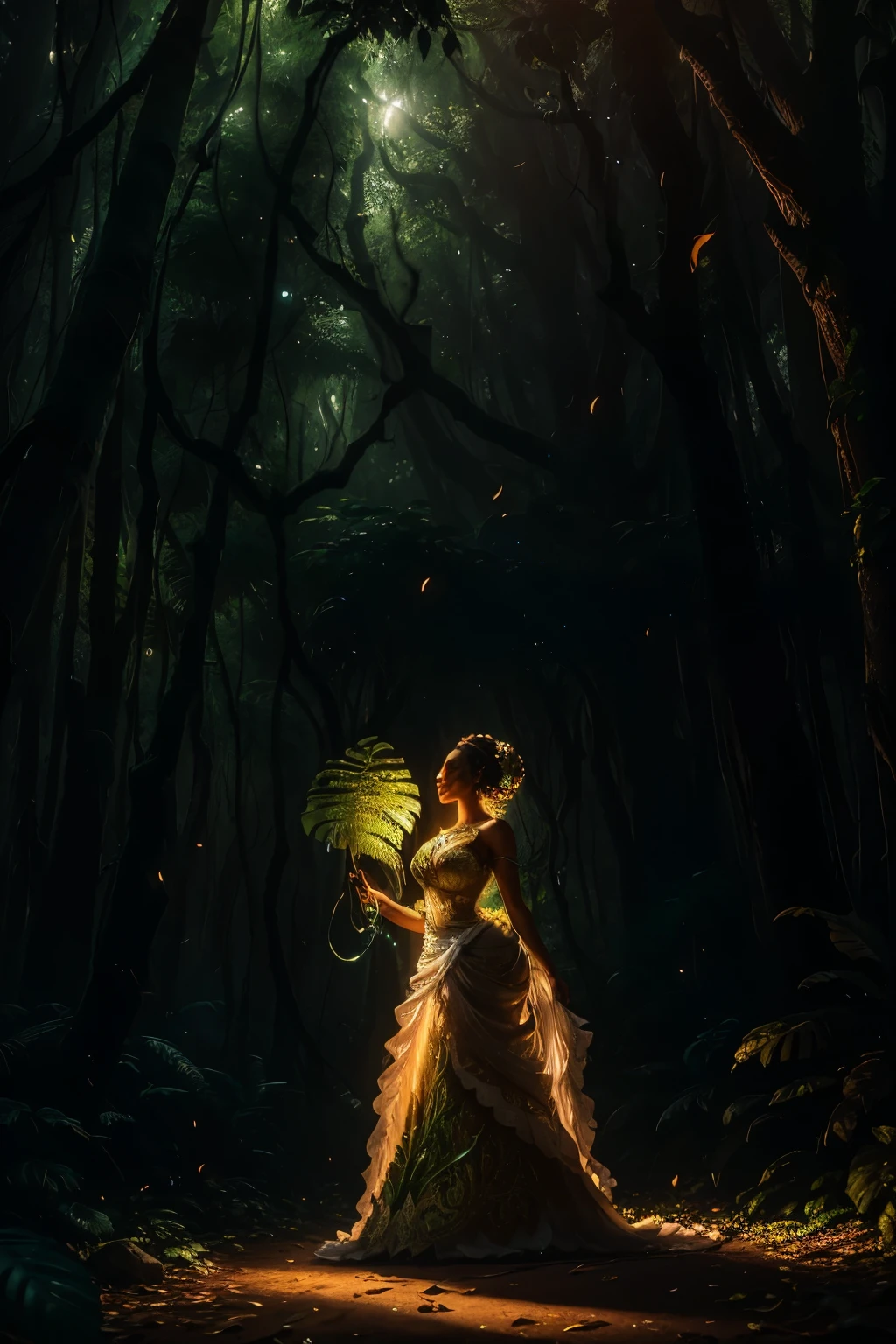 In the heart of the African forest, an enchanting scene unfolds as a beautiful woman, dressed in a captivating attire made entirely of vibrant neon leaves, stands strong against the winds of change. The wide angle shot, rendered in stunning 32k ultra HD resolution, intricately depicts every detail of her flowy dress as it dances with the heavy wind, leaves billowing around her.

As night falls upon the forest, the leaves begin to emit a soft, ethereal neon glow, casting an otherworldly light upon the scene. The artistic style of this masterpiece is reminiscent of the renowned artist, Artgerm. Unreal Engine's hyper-