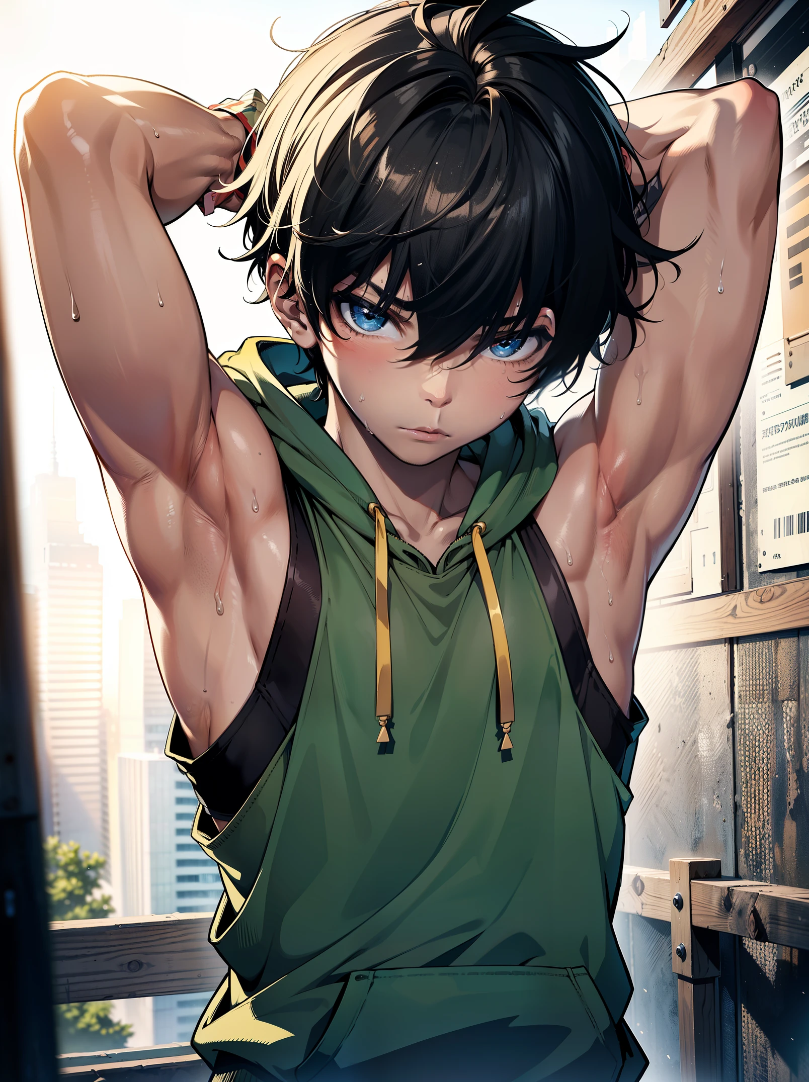 Highres, Masterpiece, Best quality at best,Best Quality,hight quality, hight detailed, 1boy, Shota, Sleeveless hoodie, Looks like a naughty , (young, 12-year-olboyShowiarmpit:1.3), hansome, Sweat