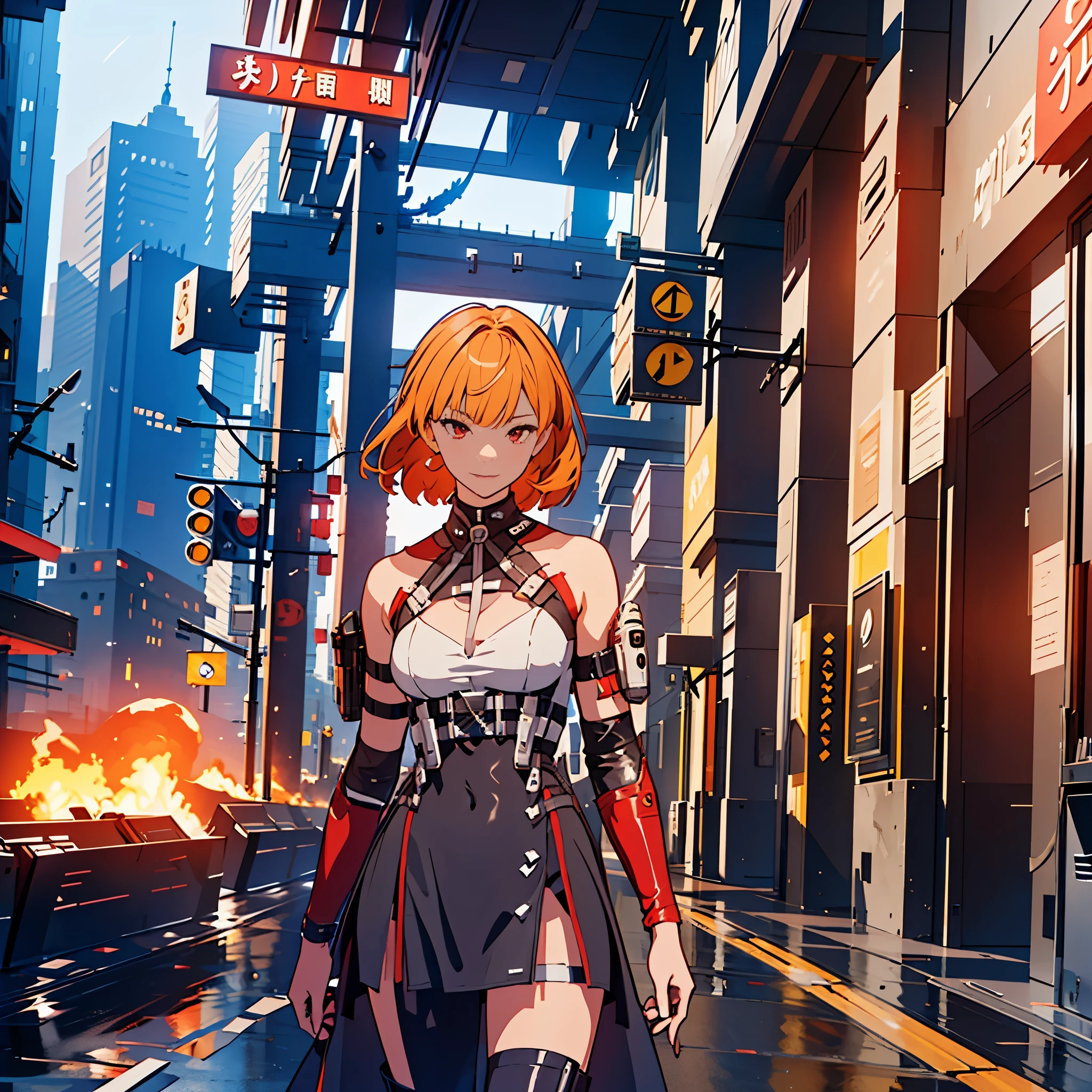 The alone young girl , short light blond hair , red eyes , standing , shotgun , sci-fi city , High detail mature face, combat suit, white glove, black boot, high res, ultra sharp, She stands confidently in the center of the poster,Fighting a enemy like mechanic cyborg,a determined expression on her face。The background is dark and gritty,There is a sense of danger and a strong feeling。The text is bold and eye-catching,With catchy slogans,Adds to the overall drama and excitement。The color palette is dominated by dark colors,Dotted with bright colors,Make the poster dynamic and visually striking,(Magazines:1.3), (Cover-style:1.3), Fashion, vibrant, Outfit, posing on a, Front, rich colorful,Background with,element in,self-assured,Expressing the,halter,statement,Attachment,A majestic,coil,Runt,Touching pubic area,Scenes,text,Cover of a,boldness,attention-grabbing,titles,Fashion,typeface,,Best quality at best,Hyper-detailing,8K ,hyper HD