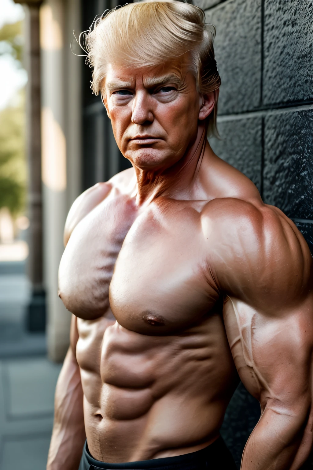 (RAW style, masterpiece, best quality, ultra-detailed), Donald Trump as a hot muscular man, photo realistic style --s2

Imagine a stunning transformation of Donald Trump into a captivating, muscular man. His chiseled abs and defined chest glisten under the sunlit scene, every muscle fiber clearly visible. The photo is taken in an open area with a bright, warm light, casting beautiful, intricate shadows. The scene is filled with a vivid, photorealistic style, showcasing every minute detail. Trump's skin is presented with textures so lifelike, as if each pore and vein can be seen. The film grain and subtle imperfections add