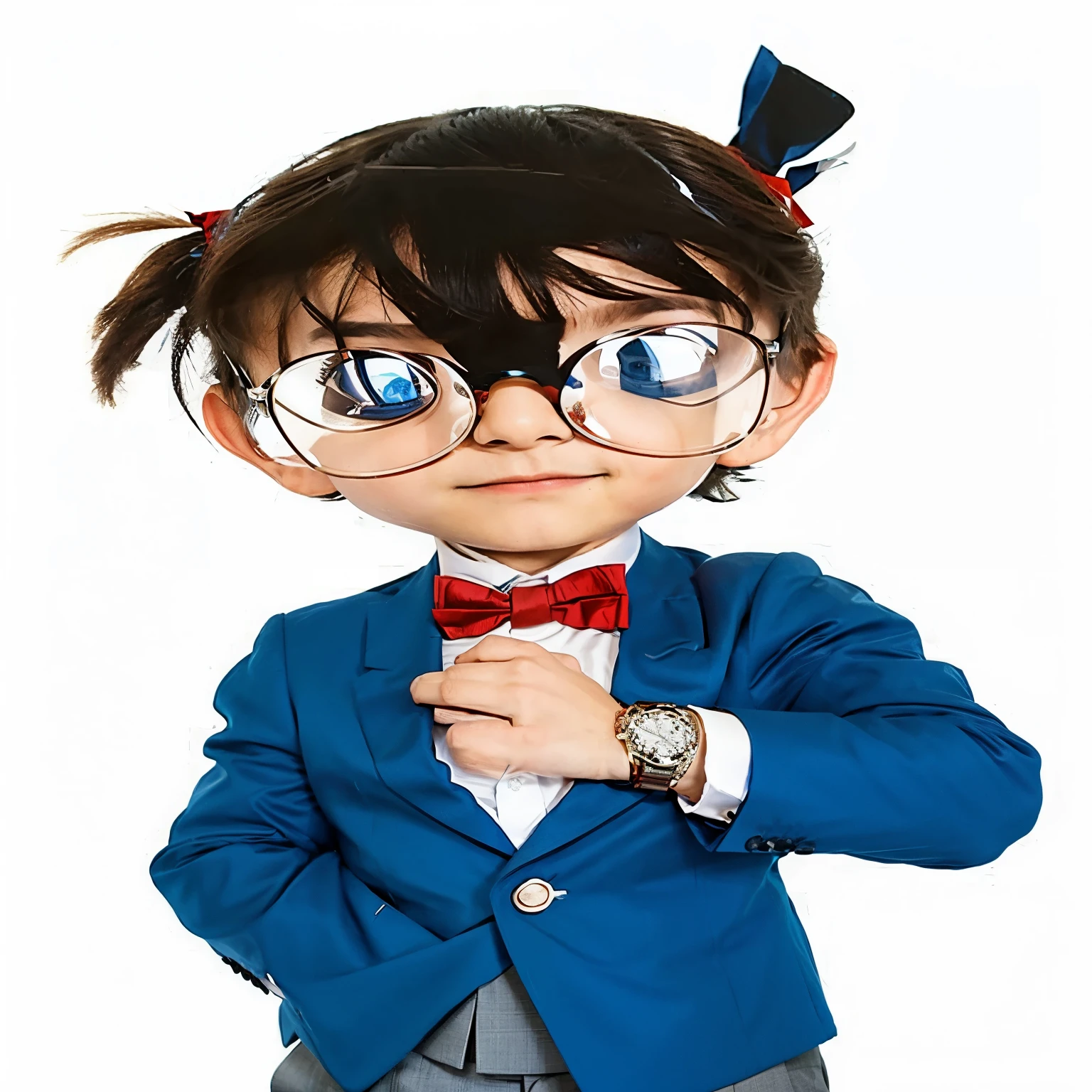 a boy wearing a blue suit with large glasses and a red bow tie