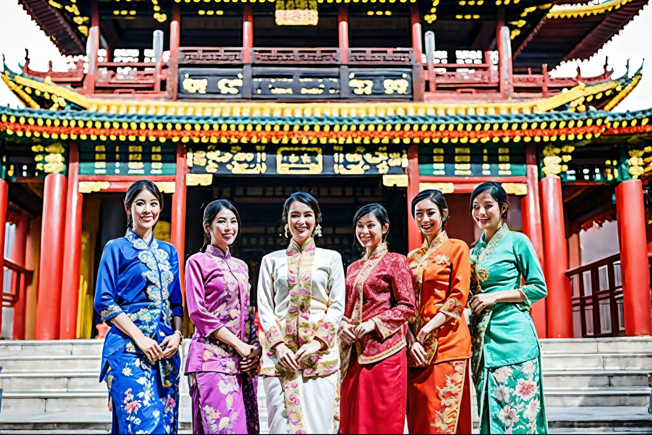 a group of women in kebaya posing for Miss Kebaya beauty contest, pose(arms up + happy), pose, 3 / 4 pose, posse features, 8 k uhd poser, photoshoot poses, portrait pose, various poses shooting photos, pose model, various pose, t pose, anime pose, pose 4 of 1 6, poser, posing for poster photography