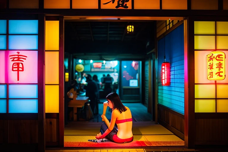 A view from the front of the entrance of a Japanese restaurant。colorful neon。Inside the entrance, you can see the whole body of a young woman sitting in a hana undergarment.。Make your face realistic。。Japanese style。There is an old woman on the street who is in charge of attracting customers.。