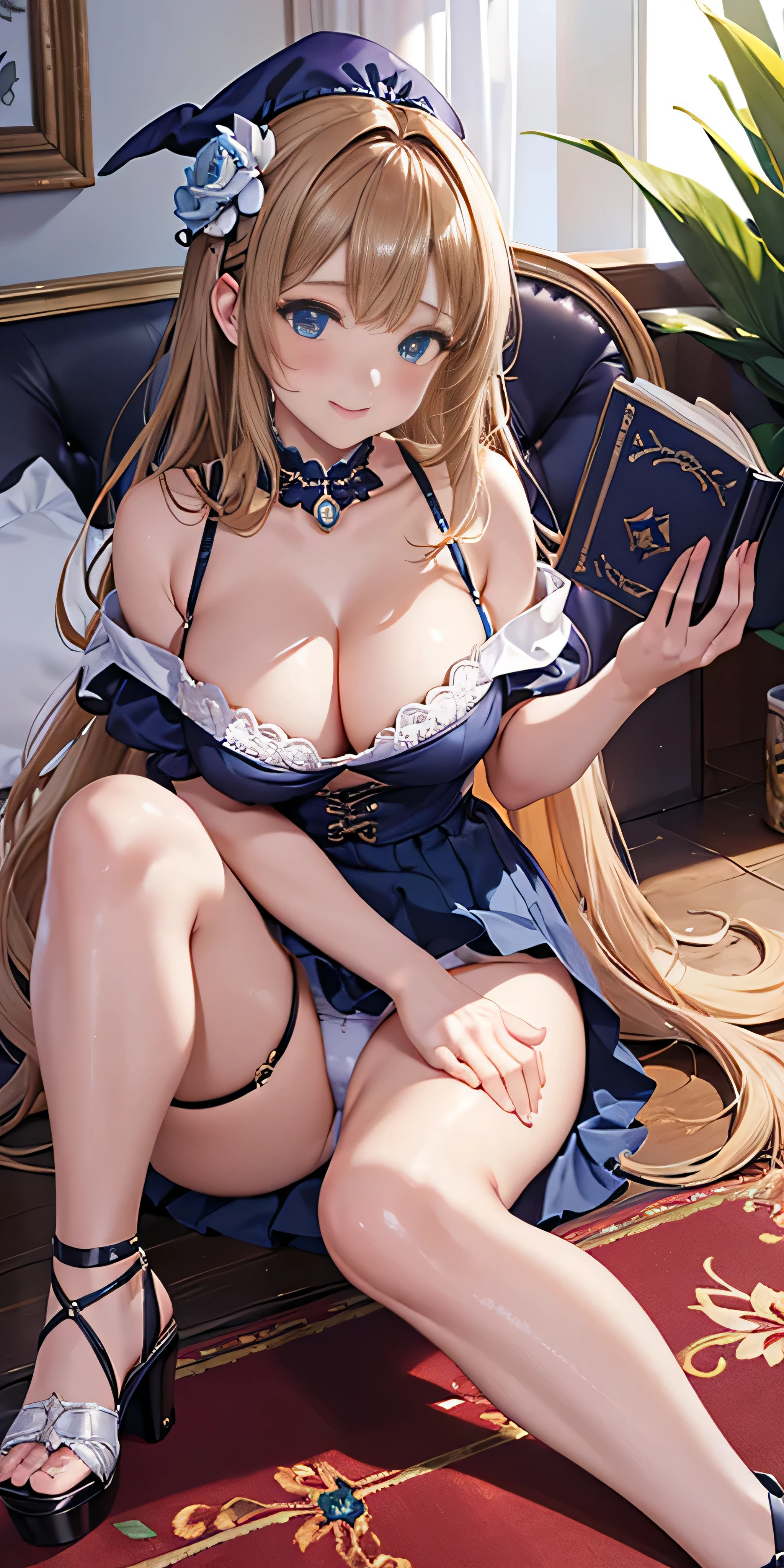 table top, highest quality, Highly detailed CG Unity 8K wallpaper, sexy witch , long dark blonde wavy hair、off shoulder knit, dark blue pleated skirt, medium milk, saggy breasts, cleavage, blush, shy smile, bare shoulders, (Light blue floral pattern pants on a white background、、Light blue floral pattern bra on white background、show panties、((open your legs)))high heels、nice magic book、luxury hotel bedroom、sexy pose、Sit on the floor、side boob、