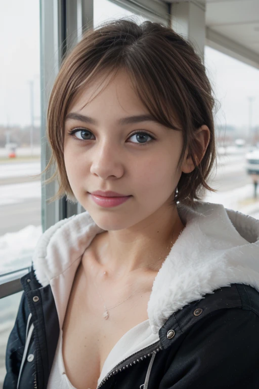 masterpiece、super high quality, crystal clear、RAW UHD format、Photo of 17 years old (blue eyesをした美しい女の子), (trained body、Sports Girl)、healthy beautiful girl、blue eyes、droopy eyes、unreasonable、 highly detailed shiny eyes、(((perfect anatomy))), ( looking at camera), Photographed with a Leica digital SLR camera、sharpness, shallow depth of field, cute face, background is blurry, fine skin pores, oily skin, tanned skin, intricate eye details、((short hair))、(((no makeup)))、high school girl、smile、Snow country trip、fur coat、snowy airport