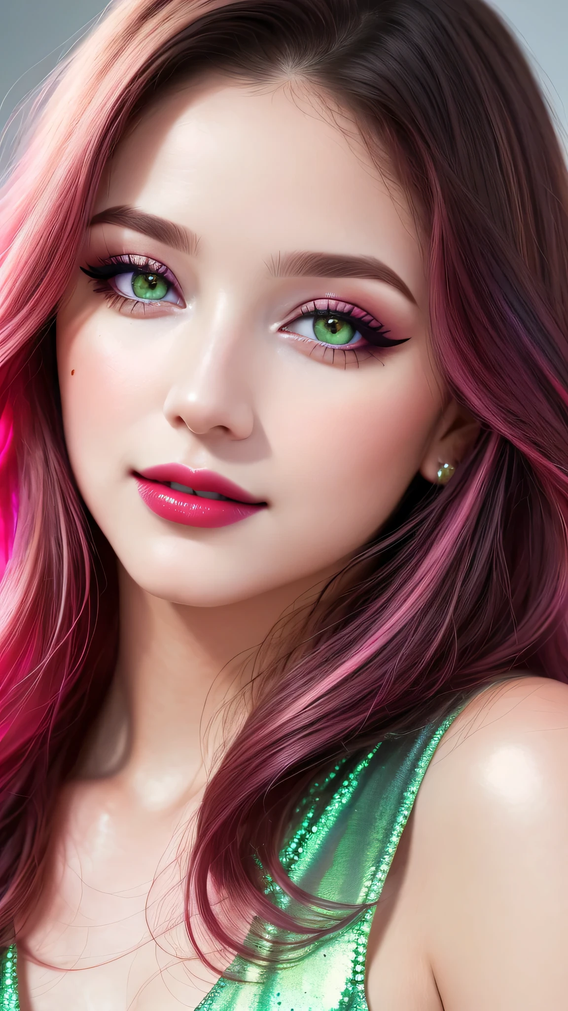 Ultra-realistic movie master pie with ultra-detailed primetime portraits, high quality, 8K, table top, Ultra HD), 1 girl 25 years old、fashion supermodel, ((Random style and color hair)), masterpiece, high quality, high quality, High resolution, (close up of face), black_mascara put in Long eyelashes:1.5, dark_(eyesshadows:1.35), (Glossy) red_lips:1.24, [[green_eyes]], (iridescent eyes), vibrant eyes:1.4, contrast, softlight shot:1.25, (seductive smile), (pink_makeup cheeks:1.)