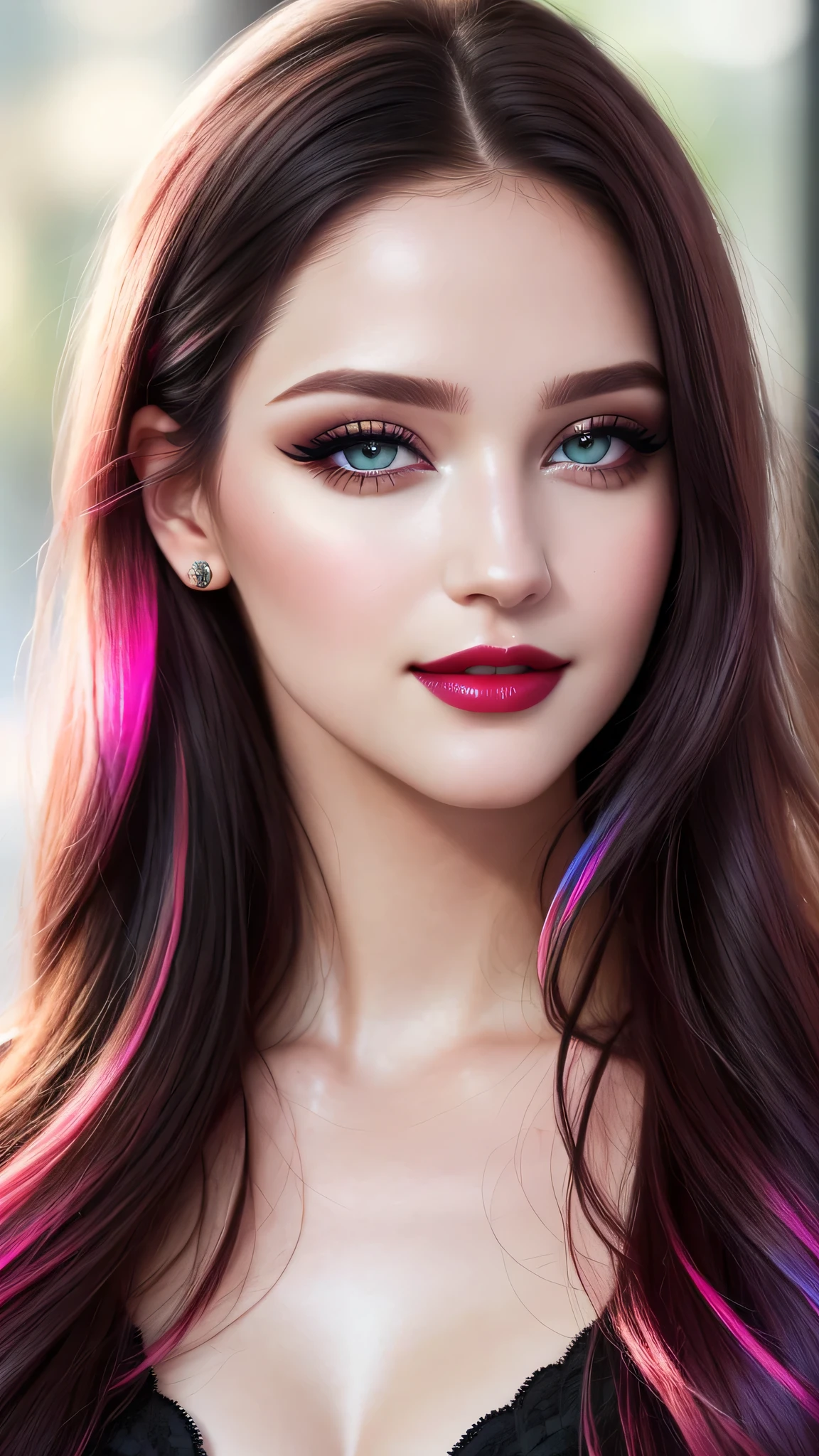 Ultra-realistic movie master pie with ultra-detailed primetime portraits, high quality, 8K, table top, Ultra HD), 1 girl 25 years old、fashion supermodel, ((Random style and color hair)), masterpiece, high quality, high quality, High resolution, (close up of face), black_mascara put in Long eyelashes:1.5, dark_(eyesshadows:1.35), (Glossy) red_lips:1.24, [[green_eyes]], (iridescent eyes), vibrant eyes:1.4, contrast, softlight shot:1.25, (seductive smile), (pink_makeup cheeks:1.)