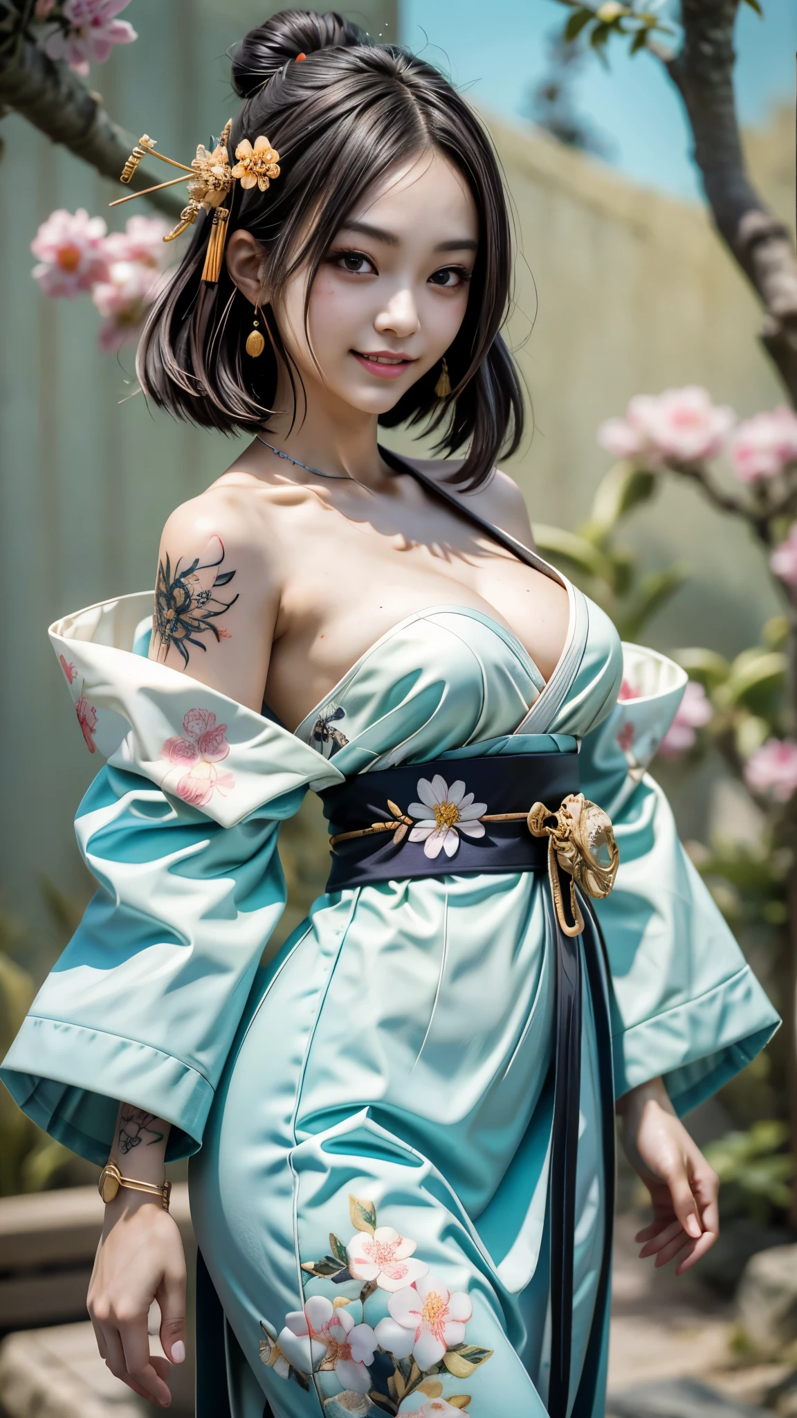 一个18歲美麗漂亮of女孩,Dark brown short hair。naked,breast enlargement,Small waist,苗條of身材。toothy smile,naked , , 可爱of笑容, 漂亮of脸蛋, Brown eyes, flower hairpin, Off Shoulder Ukiyoe Tattoo, of, hold with hand, catch, Skin is very bright, Korean idol makeup, (Japanese Half Scapular Tattoo), looking at the audience, Japanese kimono, white kimono, Chest open cloth, 巨大of:1.1, 完美of巨大breast enlargement, 最好of质量, Super detailed, 超细节of脸, 详细of脸: 1.2, round chest, Ukiyo-e tattoo style, Ukiyoe tattoo, Ukiyoe tattoo