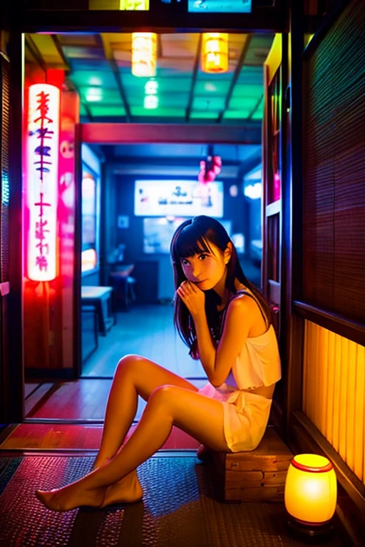 A view from the front of the entrance of a Japanese restaurant。colorful neon。Inside the entrance, you can see the whole body of a young woman sitting in a hana undergarment.。Make your face realistic。baby face。Japanese style。There is an old woman on the street who is in charge of attracting customers.。