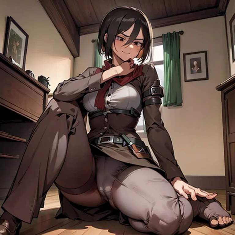 Masterpiece, Mikasa Ackerman, giantess, looming over tiny guy, indoors, glaring, smirk, intimidating, dominant, femdom, looking down on tiny guy, sitting on tiny guy, perspective of the tiny guy, sticking hand down her panties