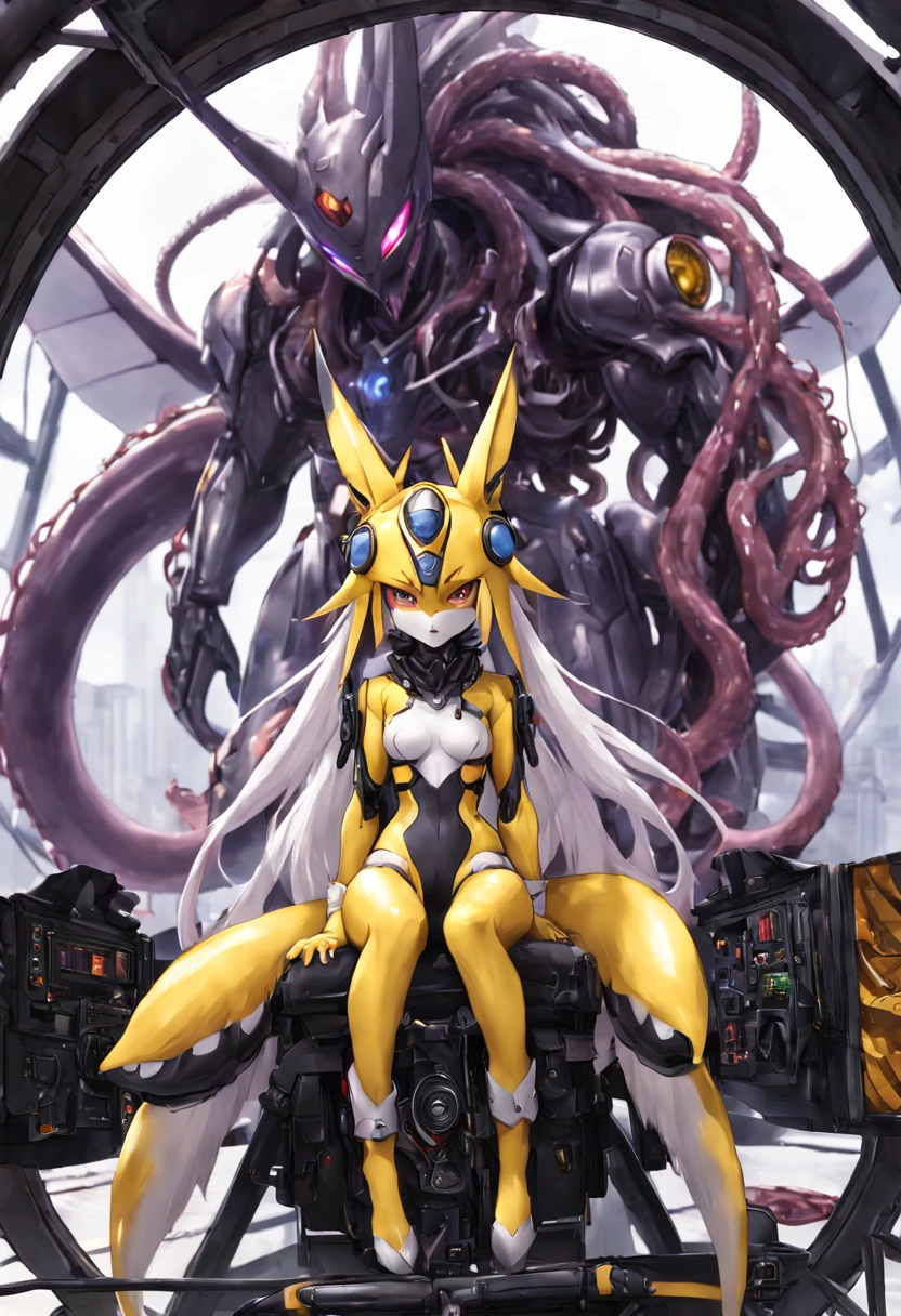 4K,real,realistic,near future,NSFW,Renamon and the giant battle mecha,livingclothes,The pilot is inside a giant battle mech.,Pilot details(full body concept art,Renamon is the pilot,Height: 160cm,The pilot is in front of a giant battle mech.,The pilot is wearing a Renamon-type tight skin suit.,face:Renamon type full face helmet,tentacle cockpitに跨がる,attached to tentacles,fuck pussy with tentacles,Renamon's tight skin suit is sticky and glossy with mucus.,A fluffy fox tail is growing,evil depravity,carnage),Details of the giant battle mecha(full body concept art,Humanoid,Looks like a fusion of Renamon and a dragon,symbiote,evil depravity,Height 40 meters,It has a fluffy tail.,fox ears,standing behind the pilot),tentacle cockpit,Inside the cockpit(The cockpit is covered in tentacles,there is a pilot,sitting in a tentacle-shaped cockpit)