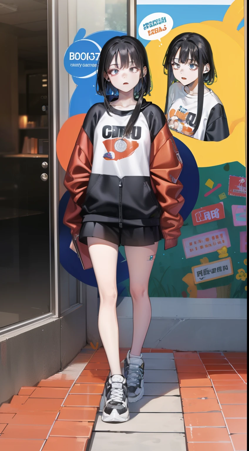 vividness,overview,zentangle,highest quality,girl,unbelievably beautiful,oversize jacket,T-shirt,black shorts,sneakers,anime key visual,masterpiece,striking details,best shadow,Seamless geometric shapes,blank background,Geometric puzzle style,Geometric emoji mix,