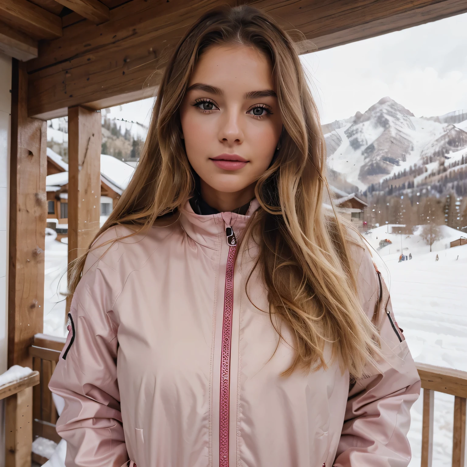 Une femme de 23 ans aux cheveux blonds ondulés mi-longs avec des racines châtain clair, maquillage subtil avec brillant à lèvres rose, et vêtements de ski. elle fait du ski,Dans une station de ski, fond de montagnes