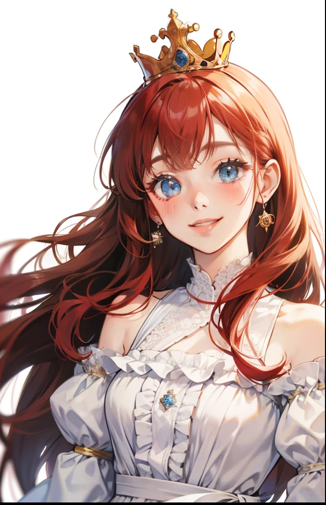 girl、white background、no background、redhead、long hair、Contrasting bangs、white dress、ribbon、frills、tiara、crown、tiaraを持っている、Rich man、Princess、blush、smile、cute、whole body、no background