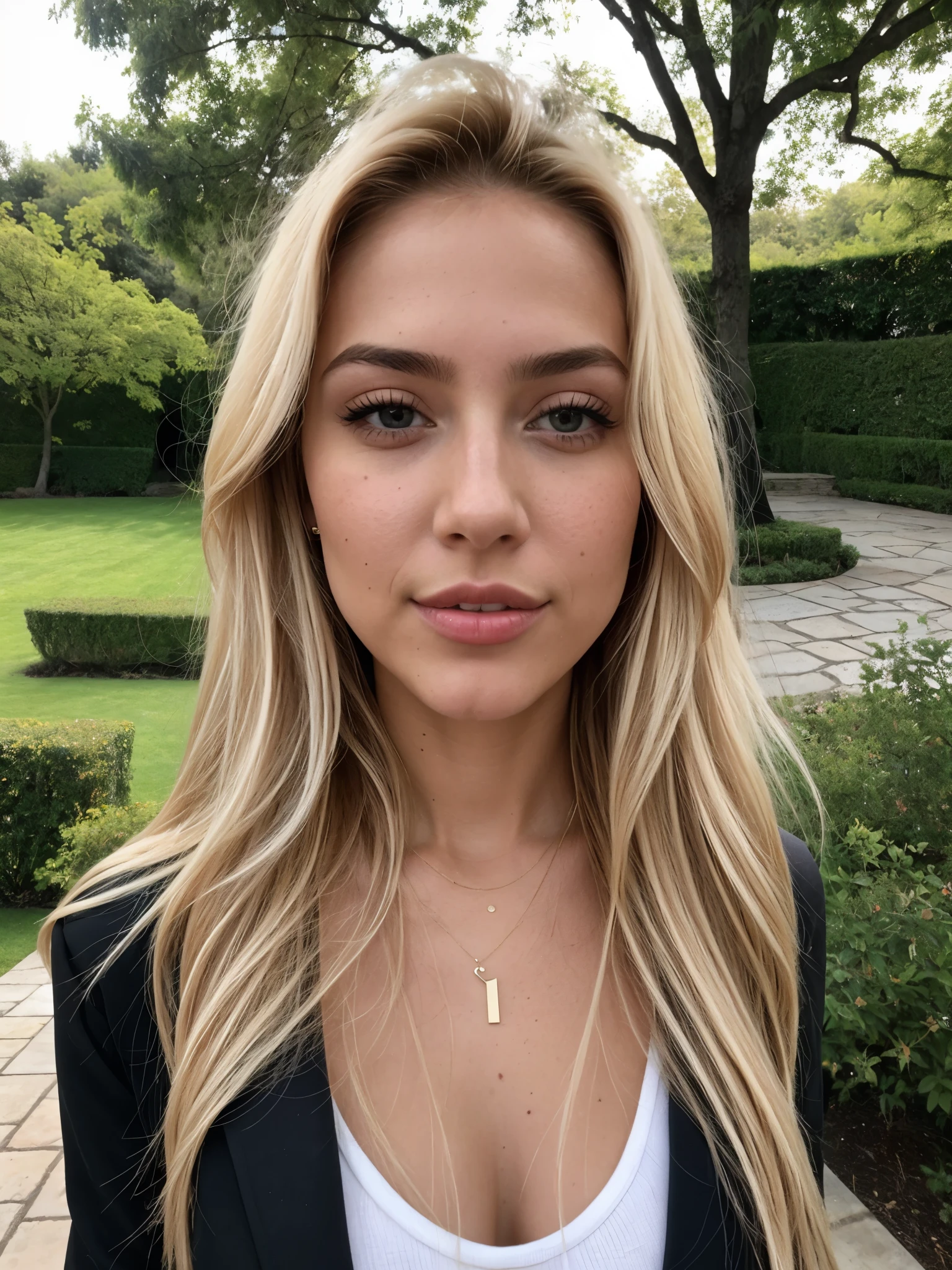 A 23-year-old blonde woman, ((pechos grandes)), ((hiperrealismo)) ,. blonde hair with light brown roots. cabello rubio, Hair with brown roots, cabello extra largo, cabello muy largo, really long hair, Beautiful, Front view, selfie, photo taken with iPhone, elegant black shirt with escote, escotada, selfie in the garden, high quality, selfie iPhone, cleavage
