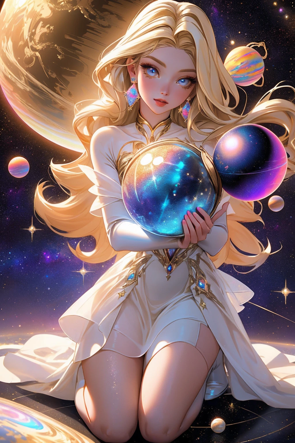 {-erro_de_anatomia:1.0} masterpiece, highest quality, (perfect face:1.1, (high detail)1.1, sweet stardust vampire , long blonde hair, opal eyes, perfectly drawn face, colorful space dress, planets detailed background, prismatic lighting, glitter, whole body. Very sexy, kneeling holding a venus planet in her hands