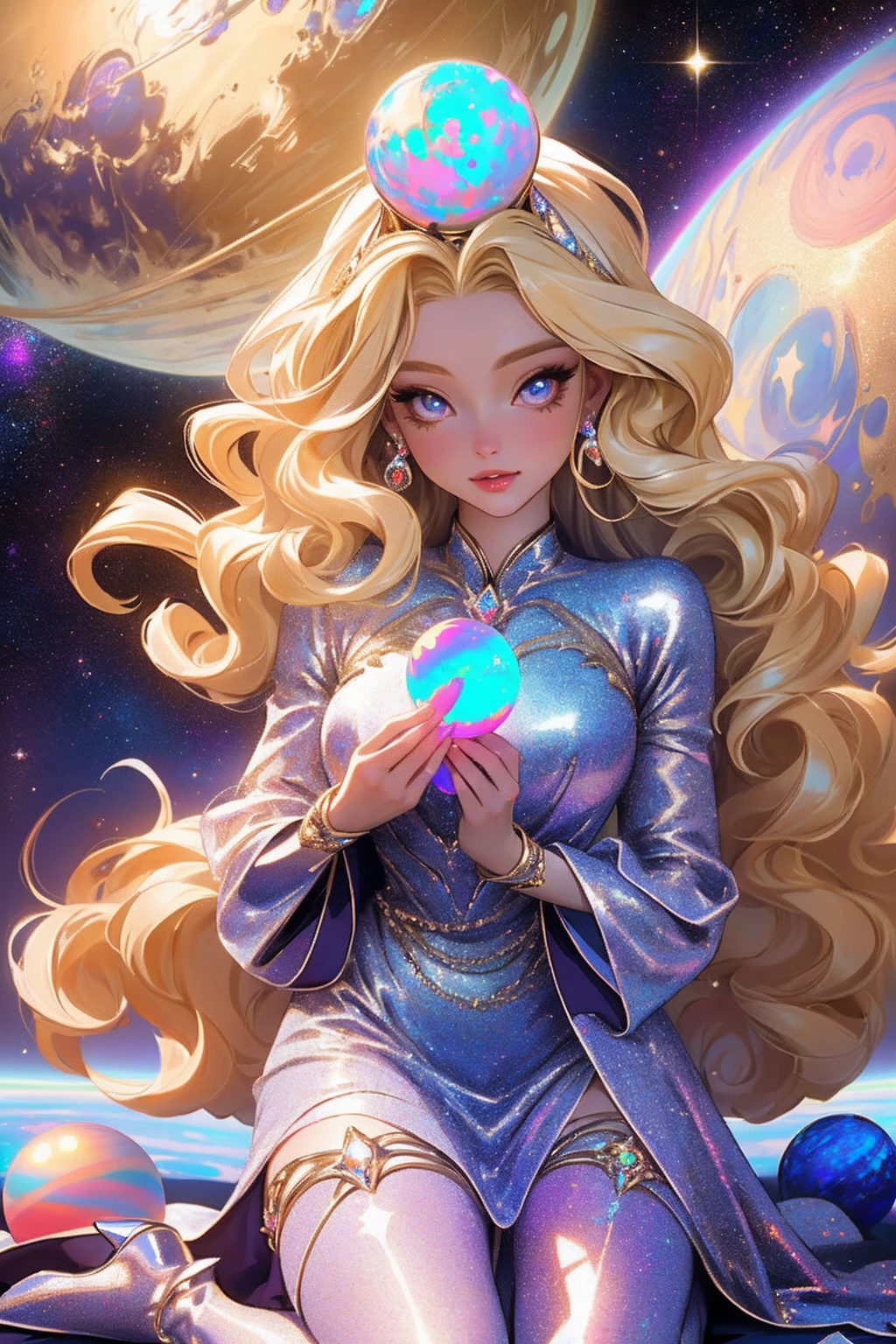 {-erro_de_anatomia:1.0} masterpiece, highest quality, (perfect face:1.1, (high detail)1.1, sweet stardust vampire , long blonde hair, opal eyes, perfectly drawn face, colorful space dress, planets detailed background, prismatic lighting, glitter, whole body. Very sexy, kneeling holding a venus planet in her hands
