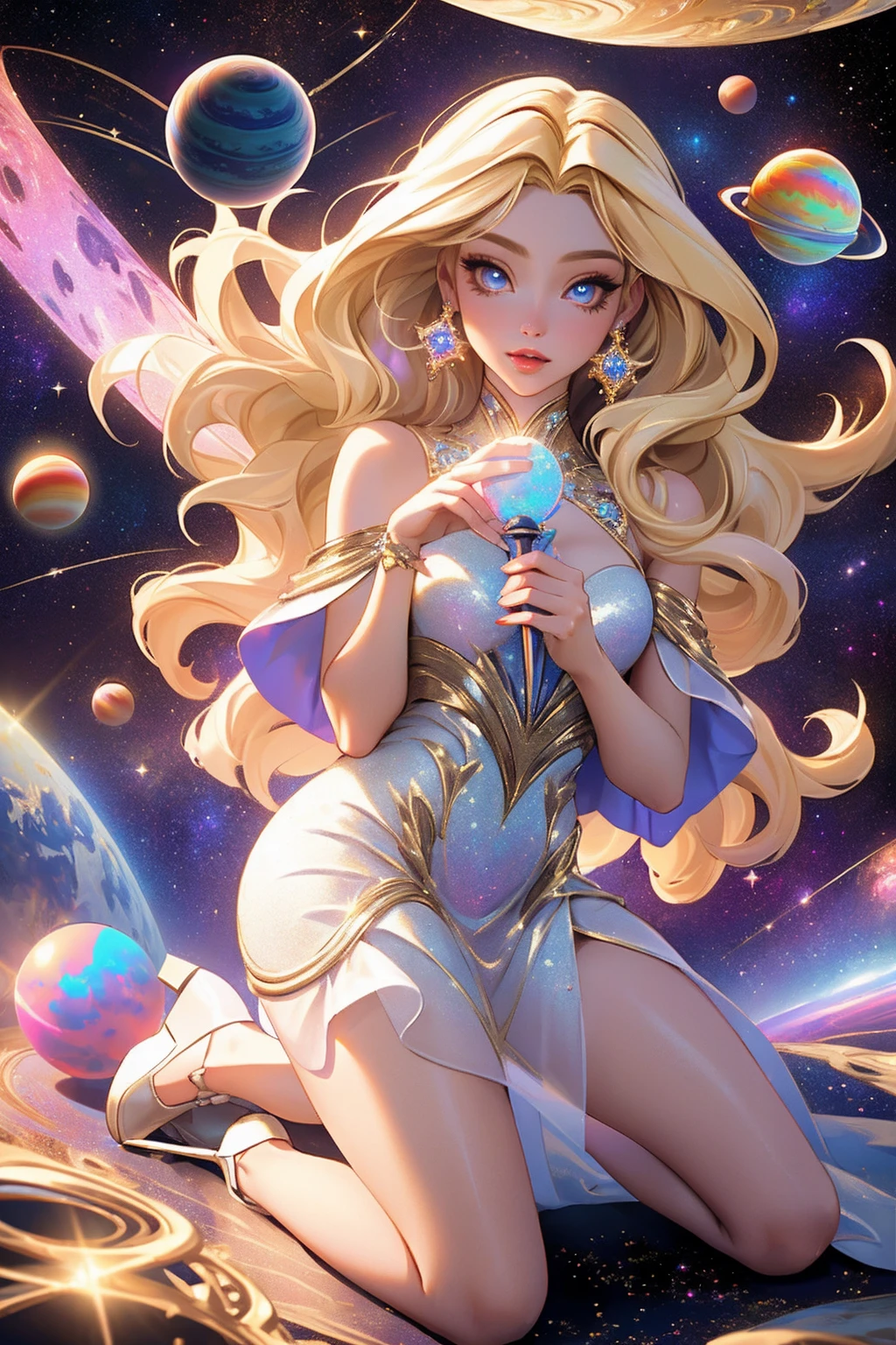 {-erro_de_anatomia:1.0} masterpiece, highest quality, (perfect face:1.1, (high detail)1.1, sweet stardust vampire , long blonde hair, opal eyes, perfectly drawn face, colorful space dress, planets detailed background, prismatic lighting, glitter, whole body. Very sexy, kneeling holding a venus planet in her hands