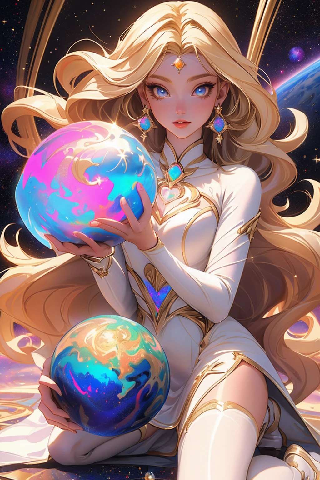 {-erro_de_anatomia:1.0} masterpiece, highest quality, (perfect face:1.1, (high detail)1.1, sweet stardust vampire , long blonde hair, opal eyes, perfectly drawn face, colorful space dress, planets detailed background, prismatic lighting, glitter, whole body. Very sexy, kneeling holding a venus planet in her hands