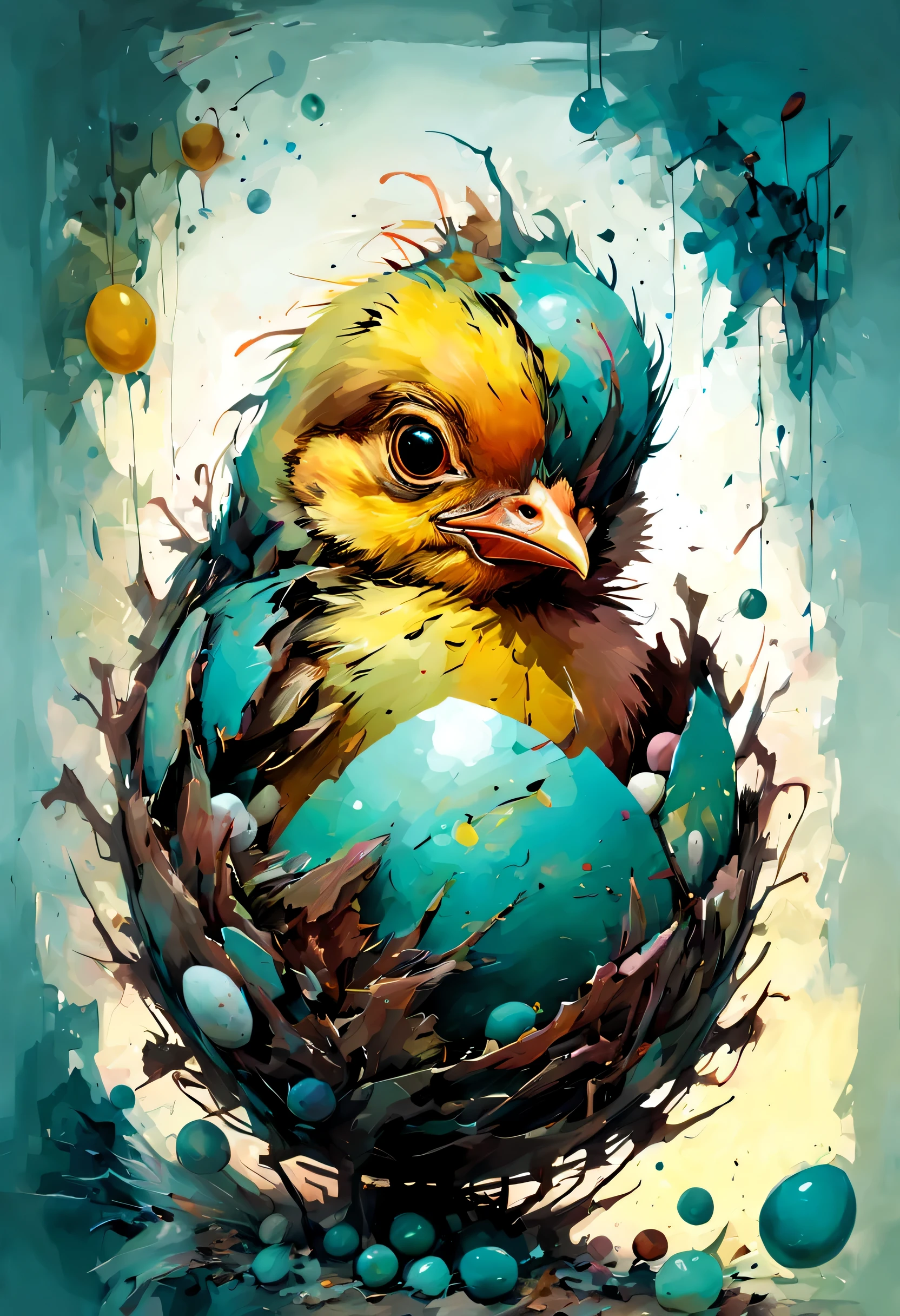 baby chick hatching from egg. A chaotic, abstract painting of a mad artist's out of this world dream vision, in the style of Beeple, Carne Griffiths , Mysterious