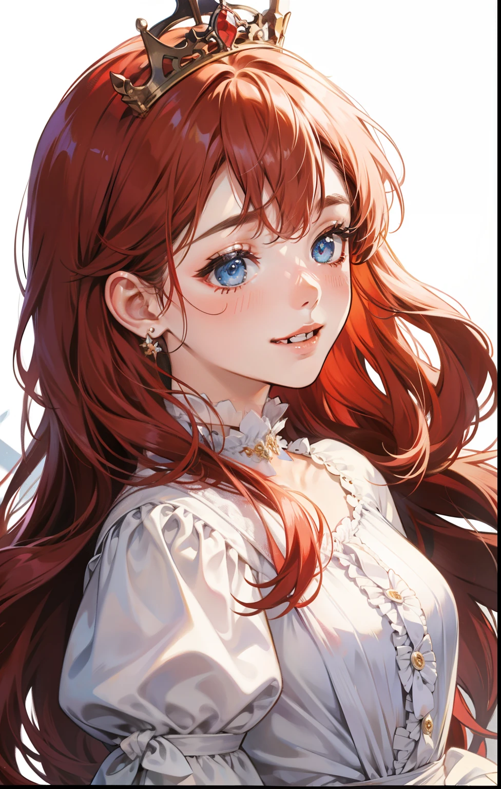 girl、white background、no background、redhead、long hair、Contrasting bangs、white dress、ribbon、frills、tiara、crown、tiaraを持っている、Rich man、Princess、blush、smile、cute、whole body、no background