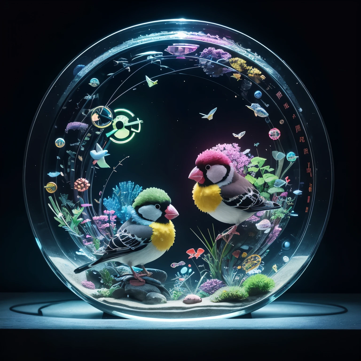 best quality, 32k, RAW photo, incredibly absurdres, extremely detailed, AI partner who lives inside a spherical aquarium key chain, a colorful java sparrow, small cute characters, wall of clock gears and luminous parts made from precision machinery, rainbow colors neon line light, delicate, flashy and dynamic depiction, fantasy, professional lighting