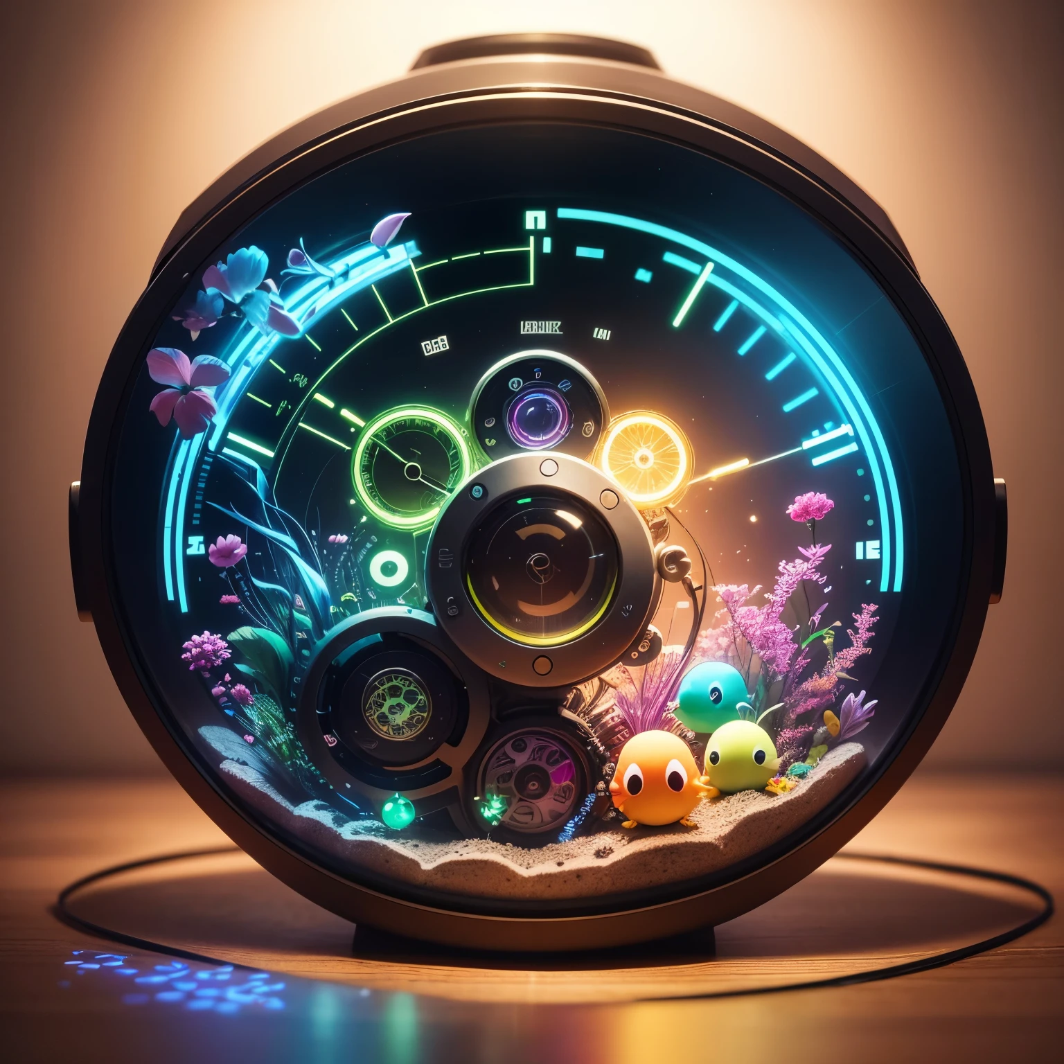best quality, 32k, RAW photo, incredibly absurdres, extremely detailed, AI partner who lives inside a spherical aquarium key chain, a colorful java sparrow, small cute characters, wall of clock gears and luminous parts made from precision machinery, rainbow colors neon line light, delicate, flashy and dynamic depiction, fantasy, professional lighting