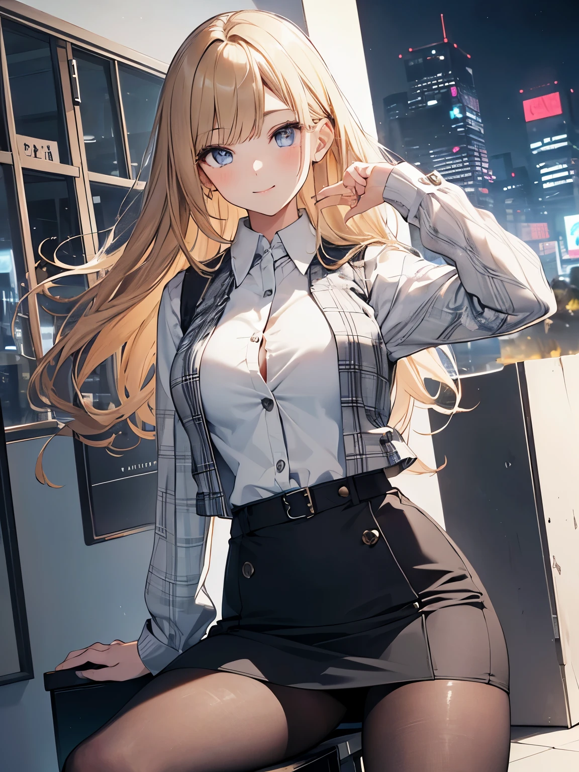Company office at night、事務員の制服姿のblondeの少女、sit on the sofa、Sit down on one knee up:1.3、I can almost see my panties.、Low - Angle:1.3、shot from below、highest quality, High resolution, masterpiece、(1 girl),(beautiful eyes、depicted in detail、face to detail、masterpieceサイドライト、masterpiece、highest quality、become familiar with、High resolutionのイラスト)、smile、delicate makeup, (close:1.2)、Shirt Unbuttoning、((close:1.3)), soft focus ground bokeh、(highest qualityのイラスト:1.2), (pretty girl:1.1), (1 girl, alone:1.5), (1 girl、18-year-old、one pose、Lewd images、((1 girl、alone)), (highest qualityのイラスト:1.2), (pretty girl:1.1), (1 girl, alone:1), (big and full breasts)、((blonde、long hair))、break (white and gray theme:1.3), (wearing in [[white and gray check pattern]] Vest worn over white collared long-sleeved shirt:1.4), (Gray plaid vest with buttons:1.2),shirt with open chest、cleavage、 break (black theme:1.4), (tight black pencil skirt:1.5), (pantyhose:1.3), (high heels:1.1),(panties:1.3), break ((become familiar withに書かれた顔:1.2)), ((smooth texture:0.75, realistic texture:0.5, Anime CG style)), big and full breasts, dynamic angle, beautiful breasts, perfect body, dynamic pose, smile,
