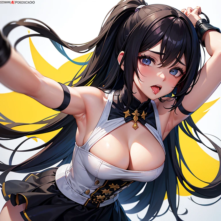 Chica blanca, cabello negro, ojos negros, sacando la lengua con saliva ahegao, pechos medianos mostrando pezones, arms raised showing armpits, ombligo, looking to the camera, sobre la cama.