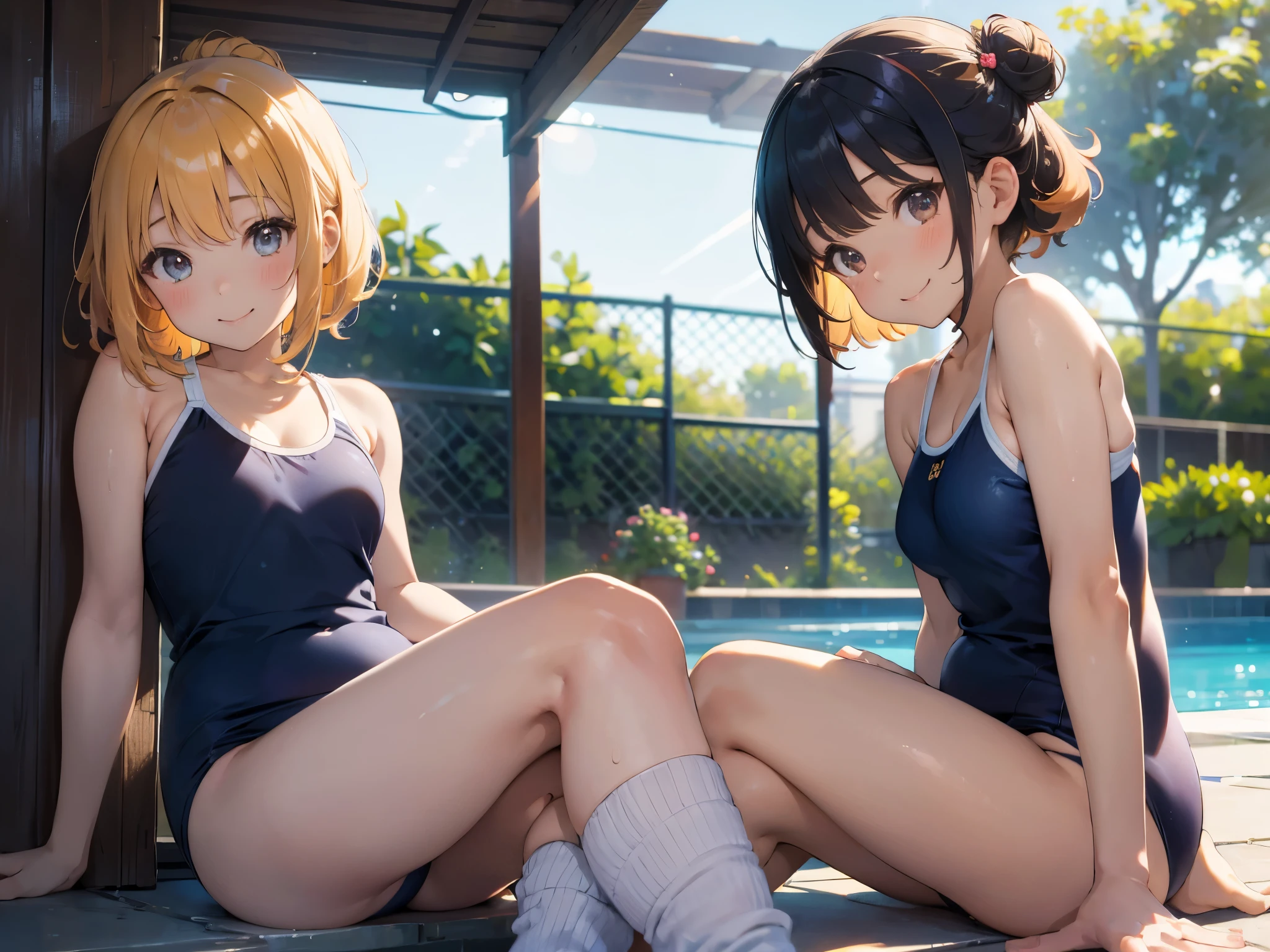 best picture quality, 8K, high quality, masterpiece:1.2), ((masterpiece)), (high detail, high quality, best picture quality), bokeh, DOF, Portrait, open stance, (cute illustration:1.2), (small size breast), inside poolside, sunny days, sitting, beautiful light, (2 girls with various hair color and hair style:1.3), (dark navy school swimsuit,), cute face girl, sexy, smile, armpits, , loli, very srt cut hair, bun hairstyle,