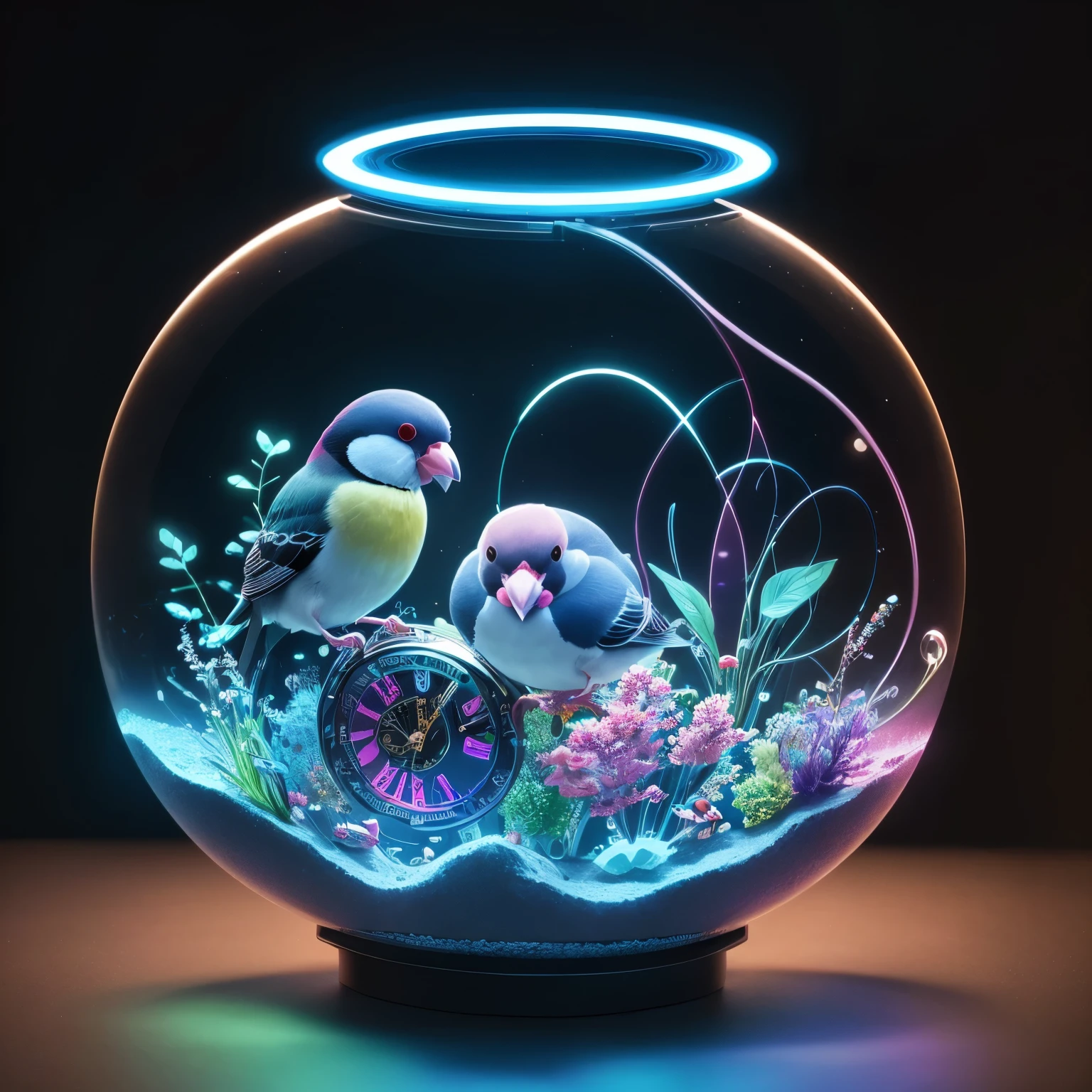 best quality, 32k, RAW photo, incredibly absurdres, extremely detailed, AI partner who lives inside a spherical aquarium key chain, a colorful java sparrow, small cute characters, wall of clock gears and luminous parts made from precision machinery, rainbow colors neon line light, delicate, flashy and dynamic depiction, fantasy, professional lighting