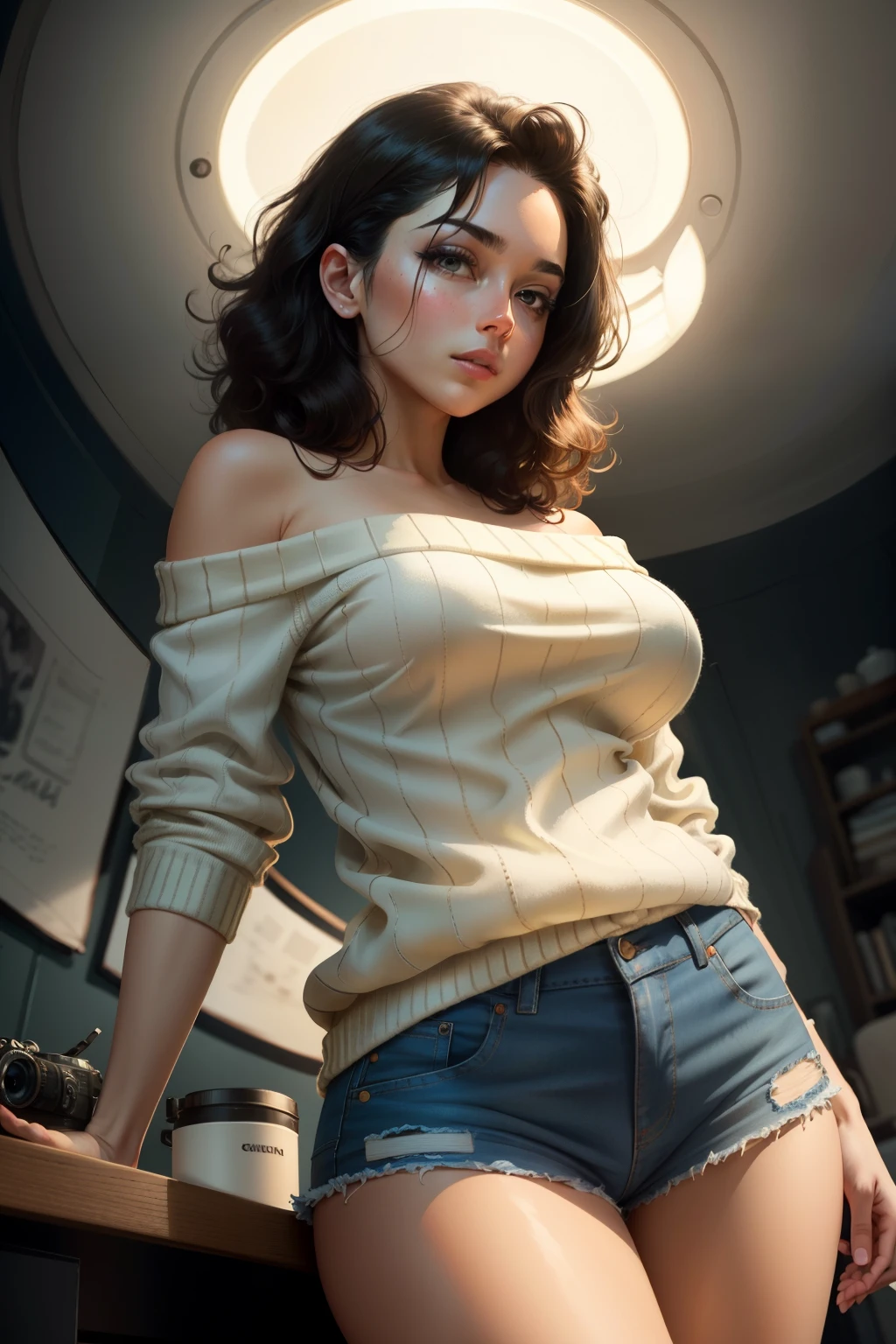 (nude), big boobs,(masterpiece), best quality, extremely detailed, (watercolor), bloom, delicate and beautiful, illustration, (from below),(1girl:1.4), (solo:1.2), large breasts, (ribbed sweater:1.3), off-shoulder sweater, (short shorts:1.2), bare shoulders, (underboob:1.2), ((dark skin:0.8)), beautiful eyes, (disheveled hair ), photography, over-the-shoulder shot, by Alex Maleev, professional, canon camera, nikon camera, sharp, bokeh, studio quality, fisheye lens, by Robert Capa ,
