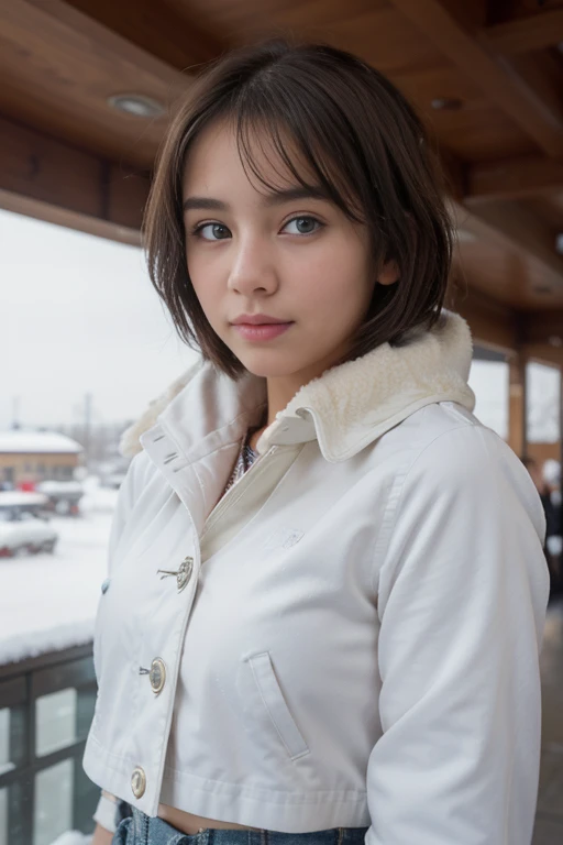 masterpiece、super high quality, crystal clear、RAW UHD format、Photo of 17 years old (blue eyesをした美しい女の子), (trained body、Sports Girl)、healthy beautiful girl、blue eyes、droopy eyes、unreasonable、 highly detailed shiny eyes、(((perfect anatomy))), ( looking at camera), Photographed with a Leica digital SLR camera、sharpness, shallow depth of field, cute face, background is blurry, fine skin pores, oily skin, tanned skin, intricate eye details、((short hair))、(((no makeup)))、high school girl、smile、Snow country trip、fur coat、burberry brown trench coat、denim mini skirt、white panties、snowy airport、plane、it&#39;s snowing、snowfall