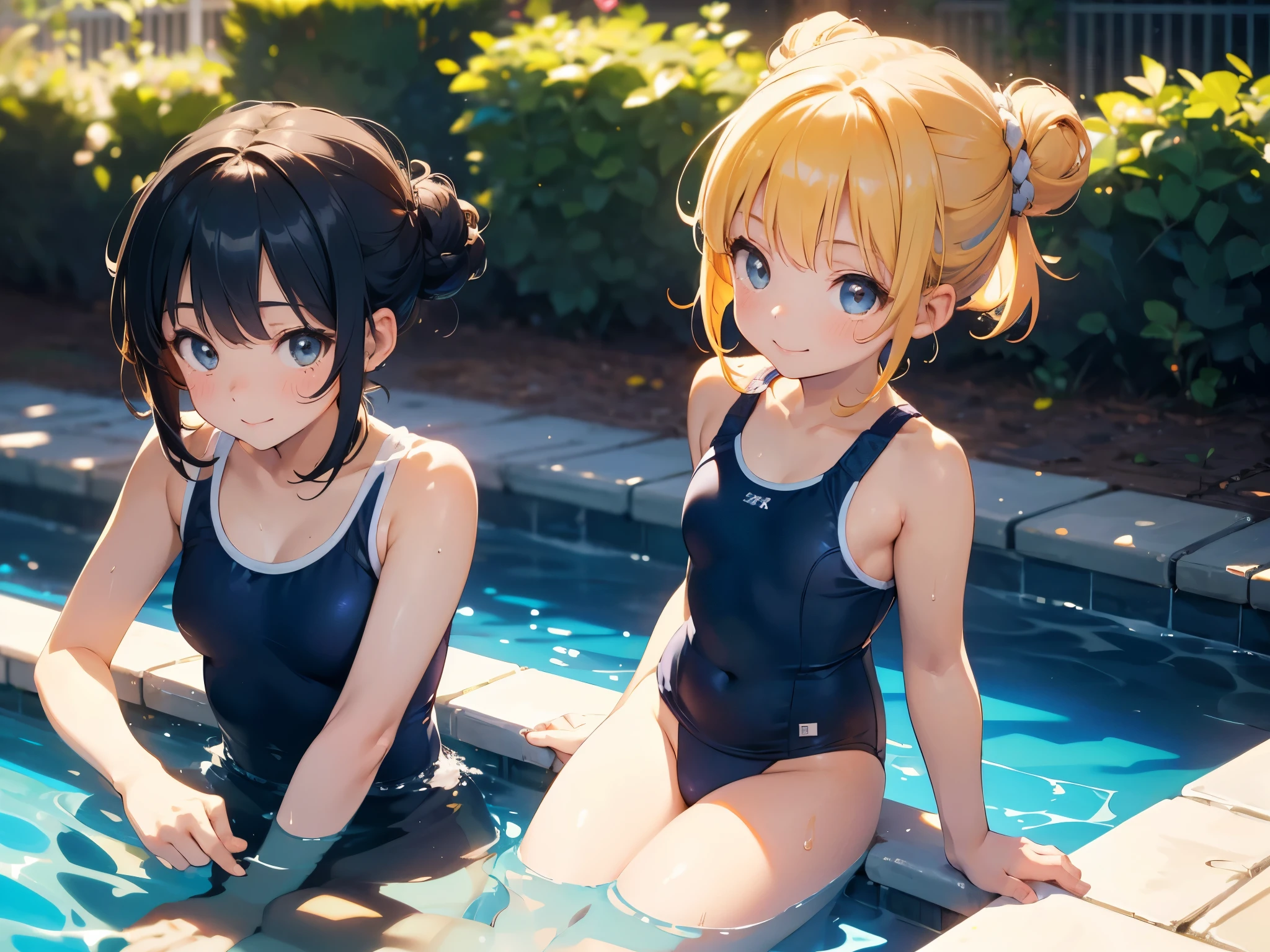 best picture quality, 8K, high quality, masterpiece:1.2), ((masterpiece)), (high detail, high quality, best picture quality), bokeh, DOF, Portrait, open stance, (cute illustration:1.2), (small size breast), inside pool, sunny days, sitting, beautiful light, (2 girls with various hair color and hair style:1.3), (dark navy school swimsuit,), cute face girl, sexy, smile, armpits, little child, , very short cut hair, bun hairstyle,