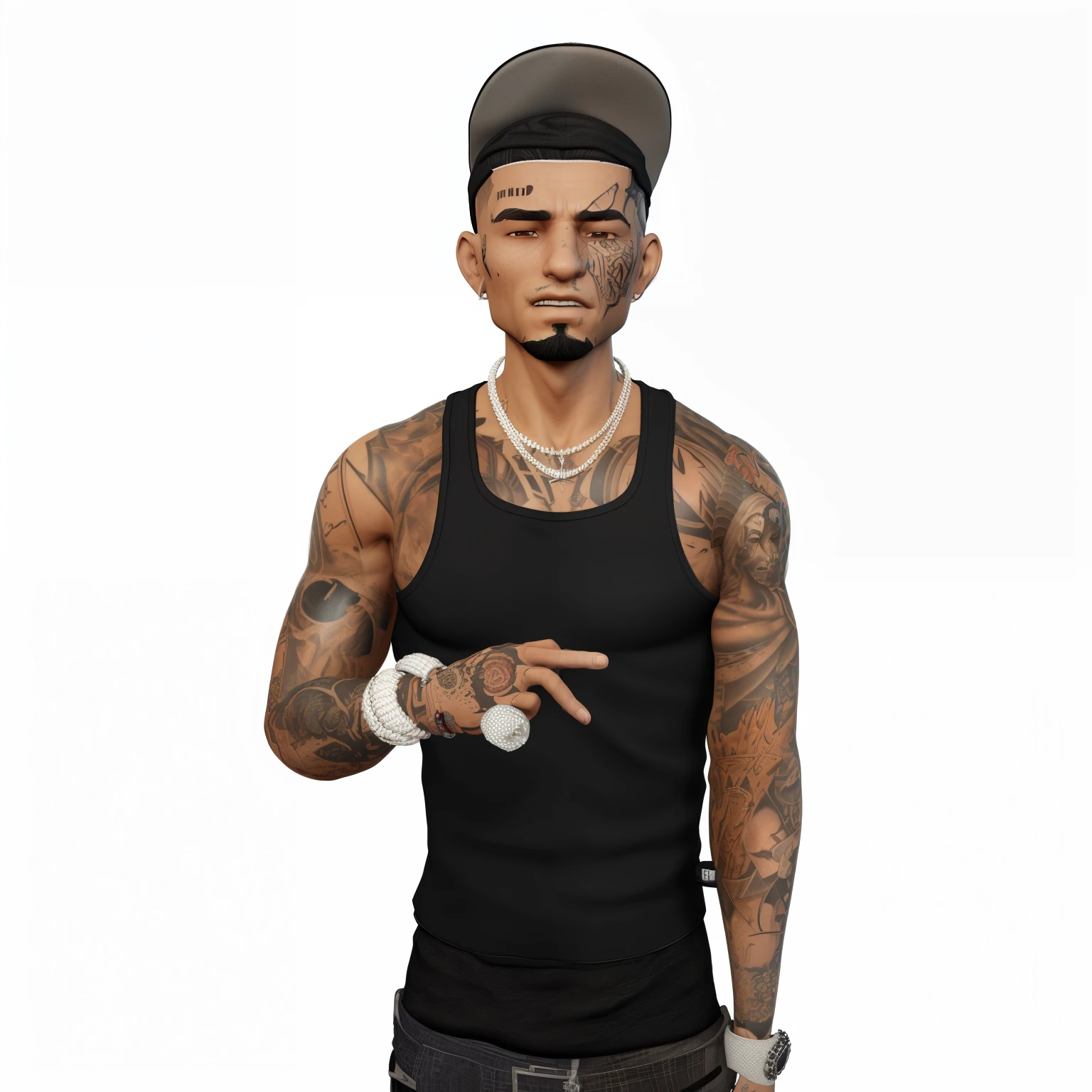arafed man with tattoos and a cap pointing at something, imvu, tony sandoval. 8 k realistic, upper body avatar, no hood | | realistic shaded, highly detailed full body, inspired by Randy Vargas, detailed full body, highly detailed character, full body detailed, tane skin, full body shot hyperdetailed, second life avatar, realistic picture